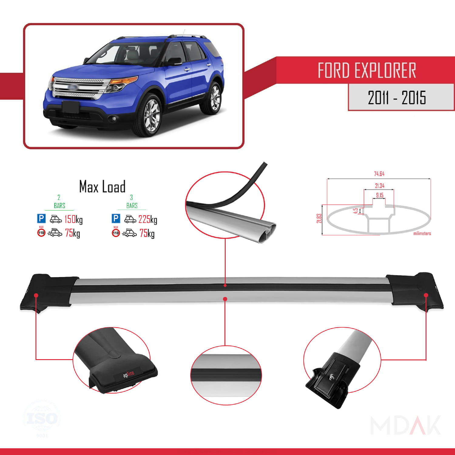 Ford Explorer 5 (U502) Pre-Facelift 2011-2015 Arası ile Uyumlu FLY Model Ara Atkı Tavan Barı Gri 2 Adet - Görsel 4