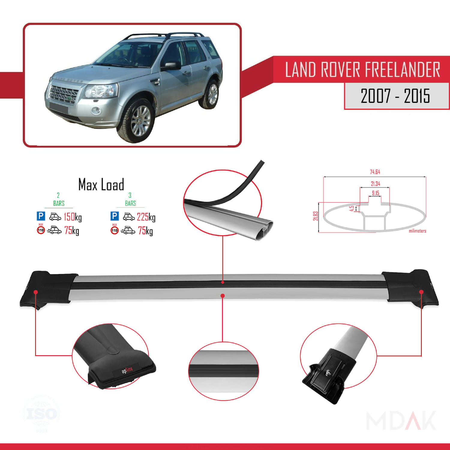 Land Rover Freelander 2 (L359) 2007-2015 Arası ile Uyumlu FLY Model Ara Atkı Tavan Barı Gri 2 Adet - Görsel 4