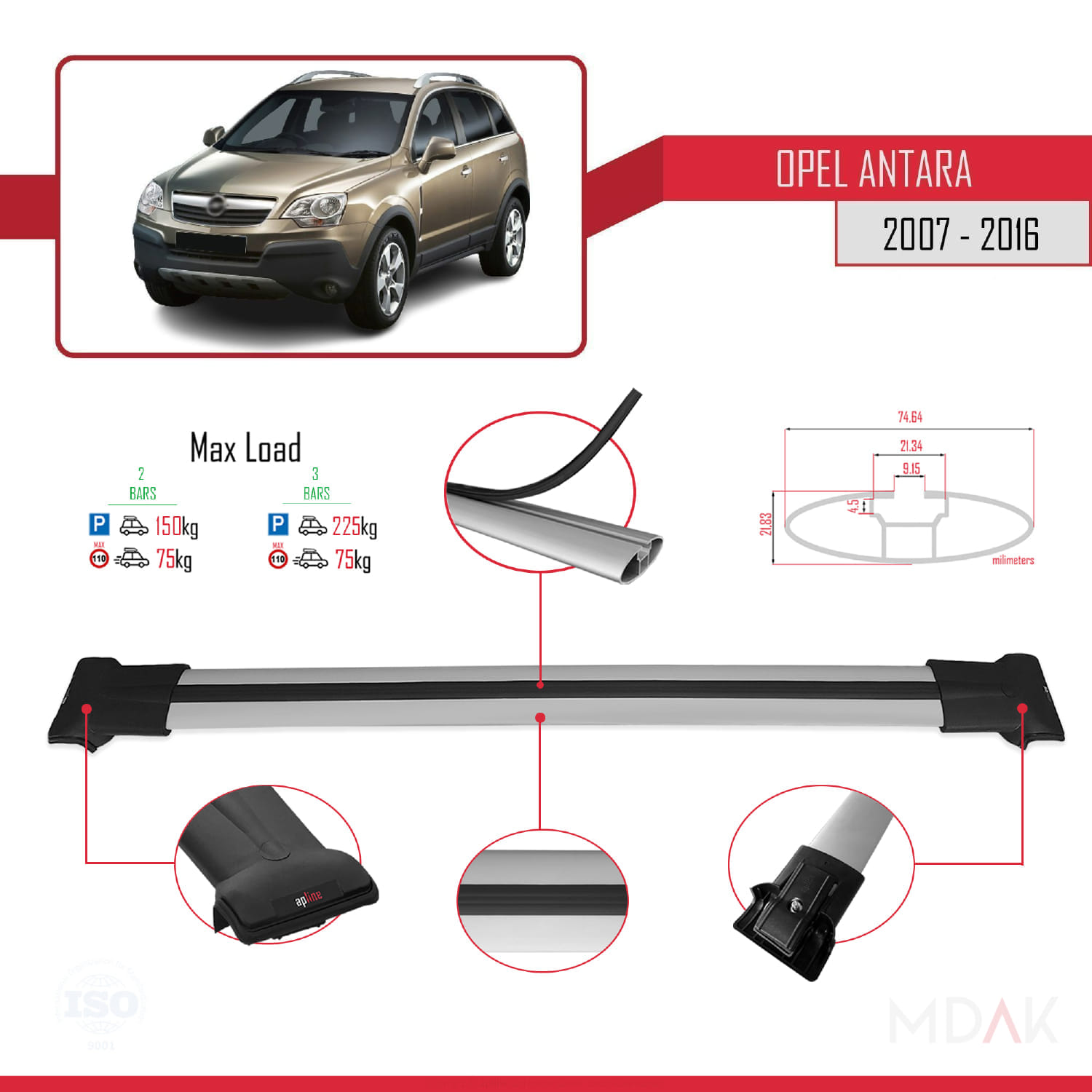 Opel Antara 2007-2016 Arası ile Uyumlu FLY Model Ara Atkı Tavan Barı Gri 2 Adet - Görsel 4
