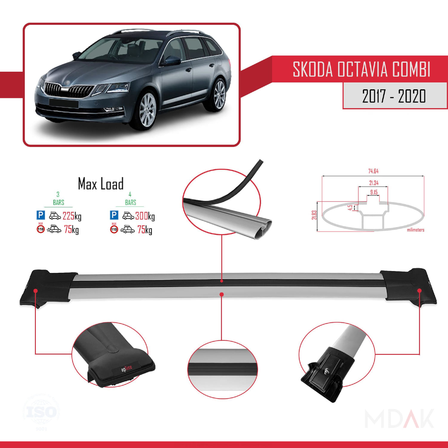 Skoda Octavia 3 (5E) Combi Post-Facelift 2017-2020 Arası ile Uyumlu FLY Model Ara Atkı Tavan Barı Gri 3 Adet - Görsel 3