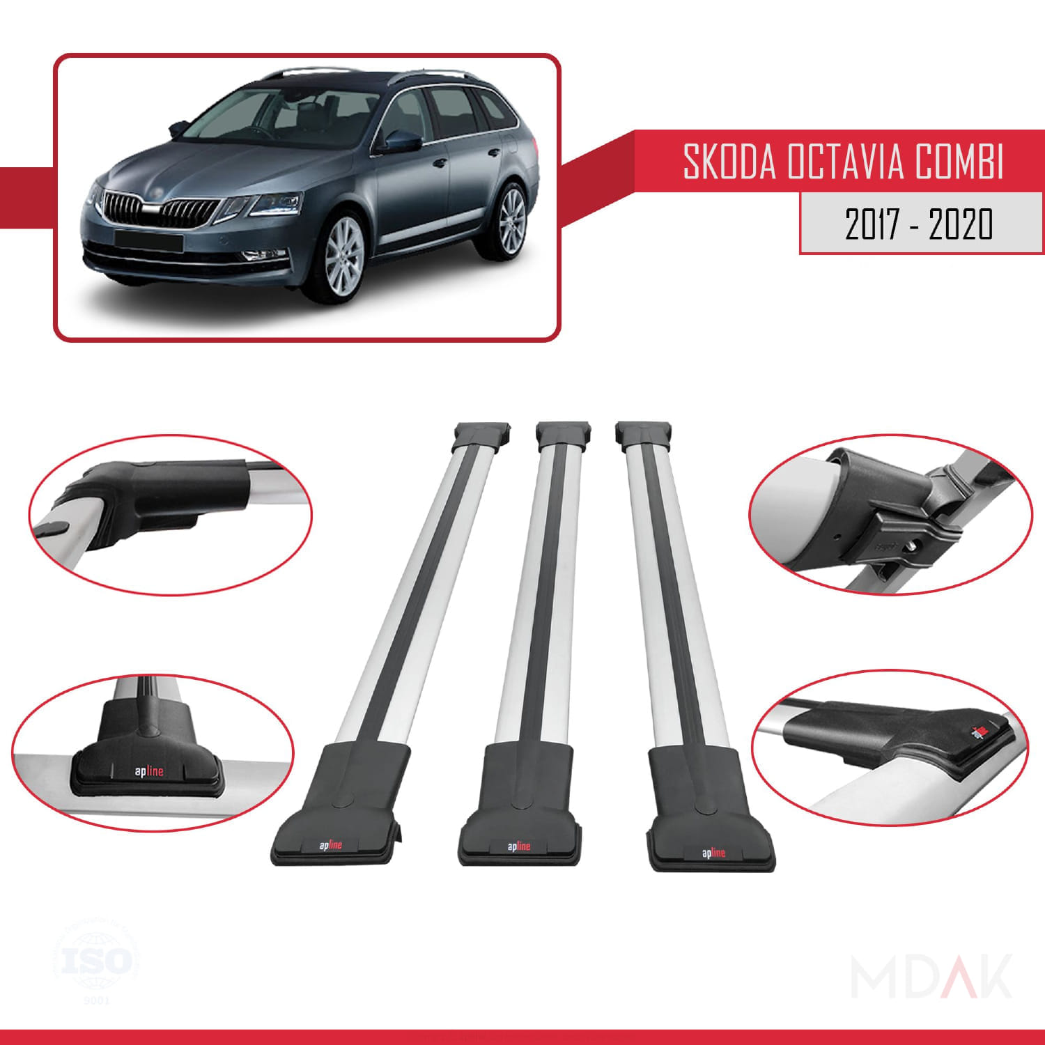 Skoda Octavia 3 (5E) Combi Post-Facelift 2017-2020 Arası ile Uyumlu FLY Model Ara Atkı Tavan Barı Gri 3 Adet - Görsel 4