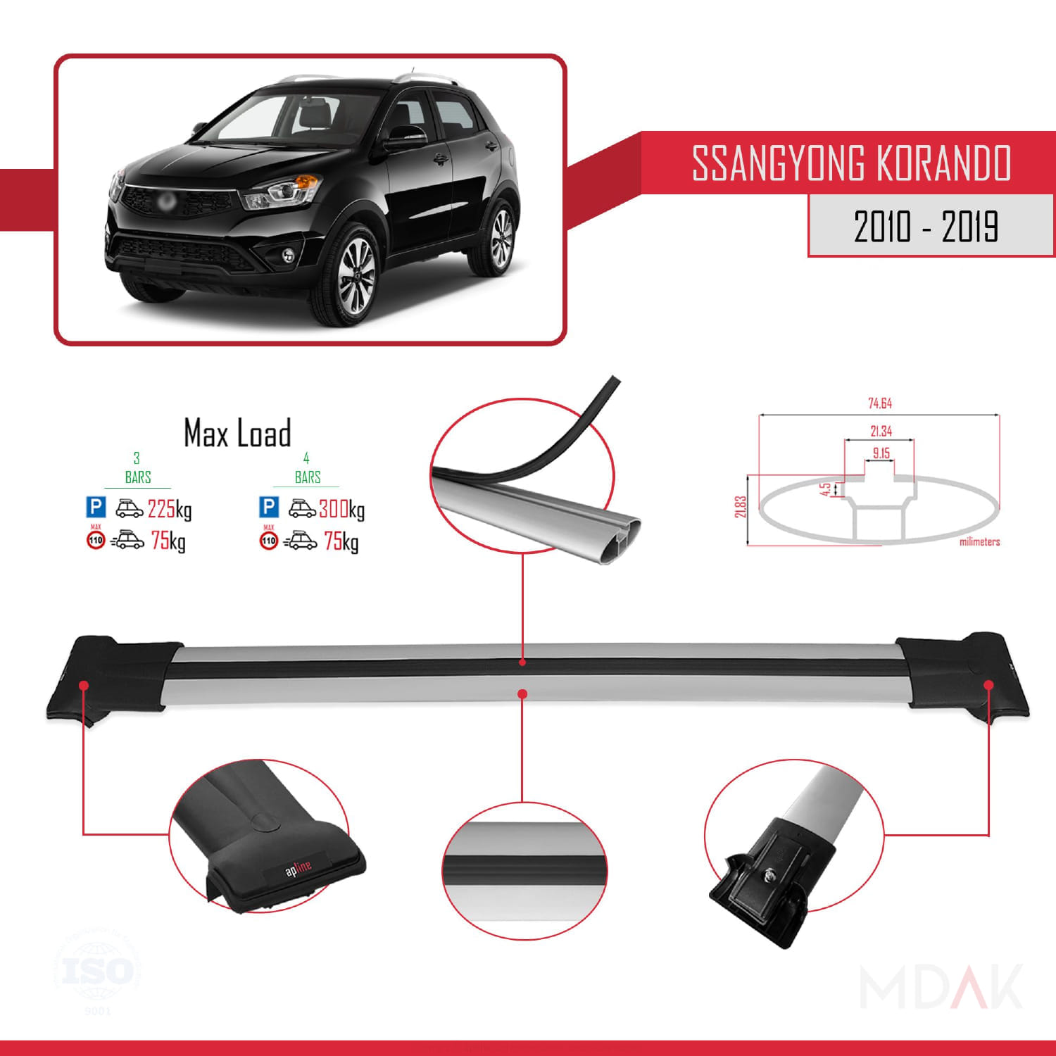 Ssangyong Korando 3 (C200) 2010-2019 Arası ile Uyumlu FLY Model Ara Atkı Tavan Barı Gri 3 Adet - Görsel 3