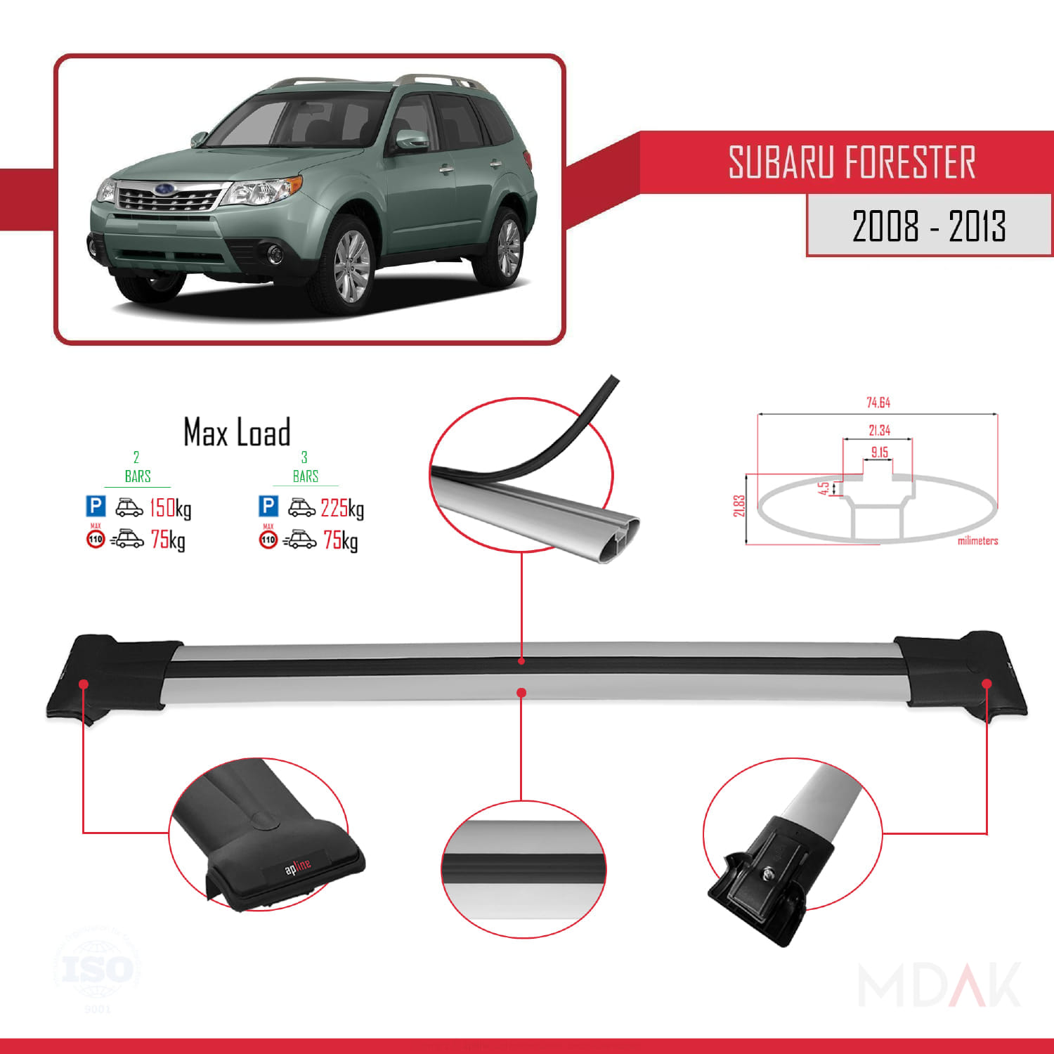 Subaru Forester 3 (SH) 2008-2013 Arası ile Uyumlu FLY Model Ara Atkı Tavan Barı Gri 2 Adet - Görsel 4