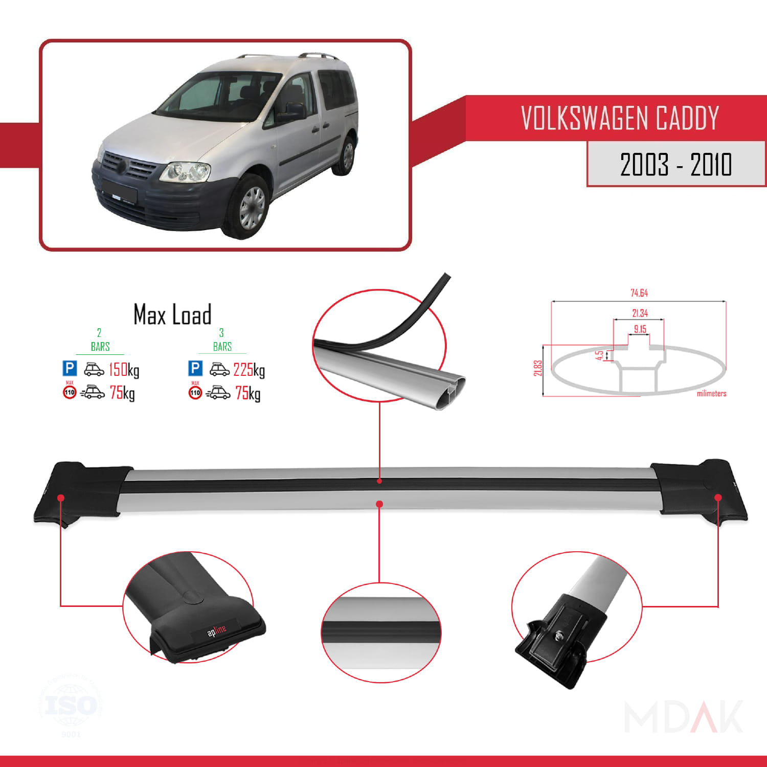 Volkswagen Caddy 3 (2K) 2003-2010 Arası ile Uyumlu FLY Model Ara Atkı Tavan Barı Gri 2 Adet - Görsel 4