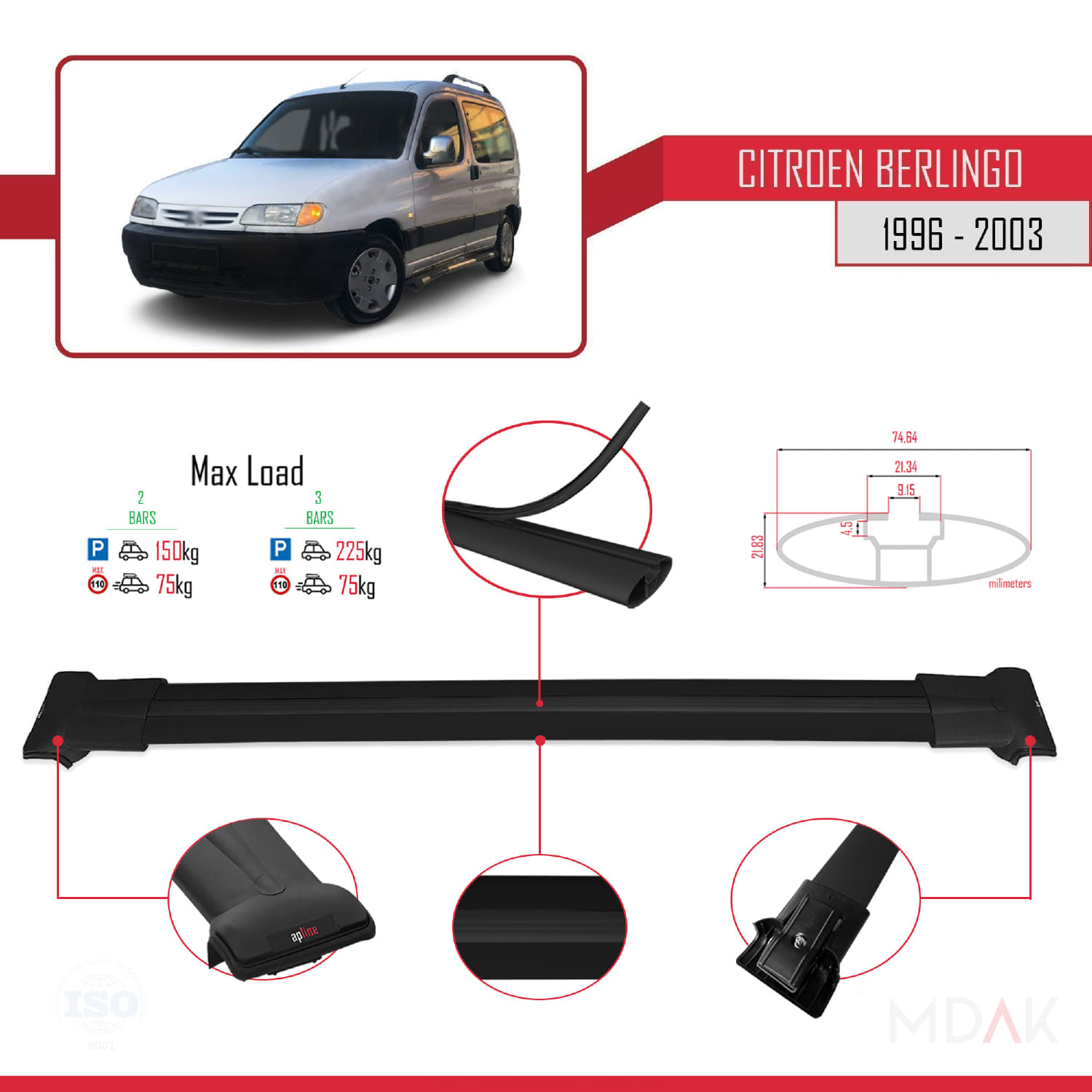 Citroen Berlingo (M49) 1996-2003 Arası ile Uyumlu FLY Model Ara Atkı Tavan Barı Siyah 2 Adet - Görsel 4