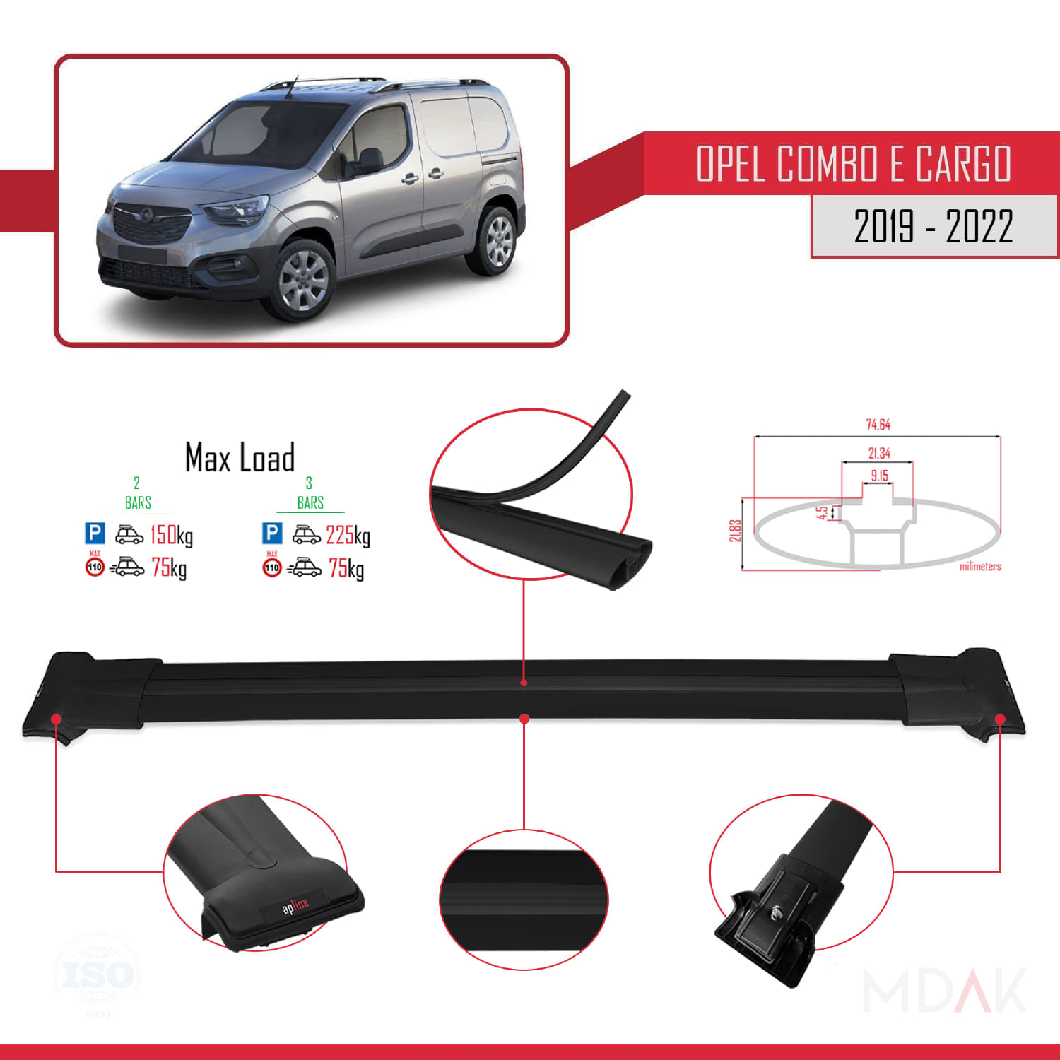 Opel Combo E Cargo 2019-2022 Arası ile Uyumlu FLY Model Ara Atkı Tavan Barı Siyah 2 Adet - Görsel 4