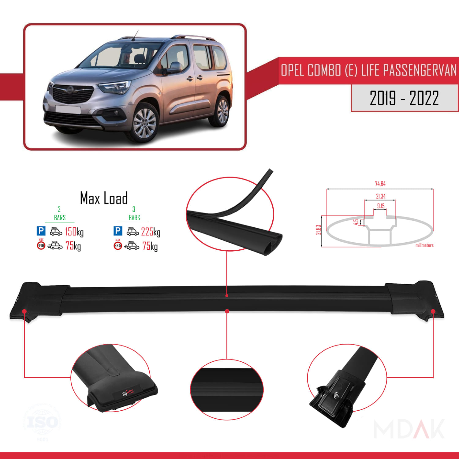 Opel Combo E Life 2019-2022 Arası ile Uyumlu FLY Model Ara Atkı Tavan Barı Siyah 2 Adet - Görsel 4