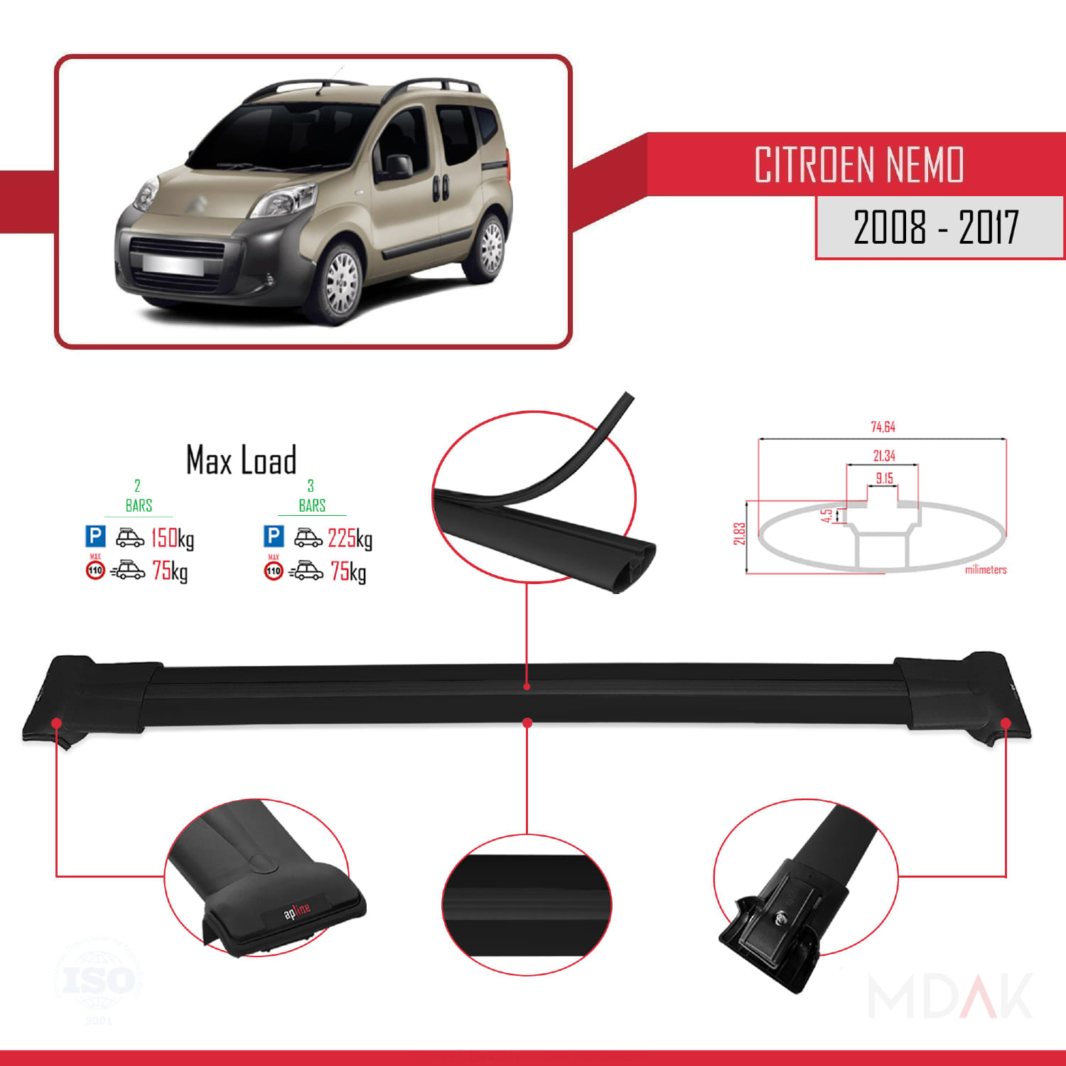 Citroen Nemo 3 (225) 2008-2017 Arası ile Uyumlu FLY Model Ara Atkı Tavan Barı Siyah 2 Adet - Görsel 4