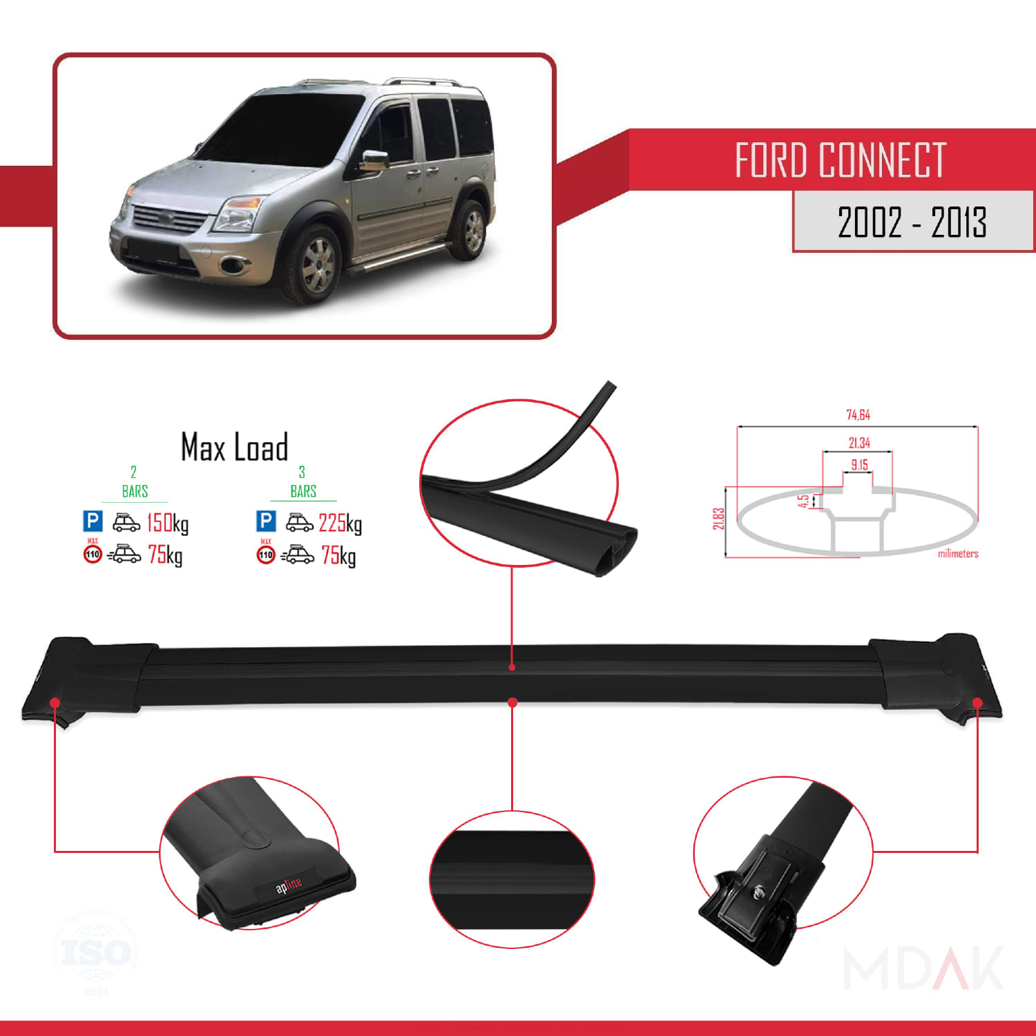 Ford Transit/Tourneo Connect 2002-2013 Arası ile Uyumlu FLY Model Ara Atkı Tavan Barı Siyah 2 Adet - Görsel 4