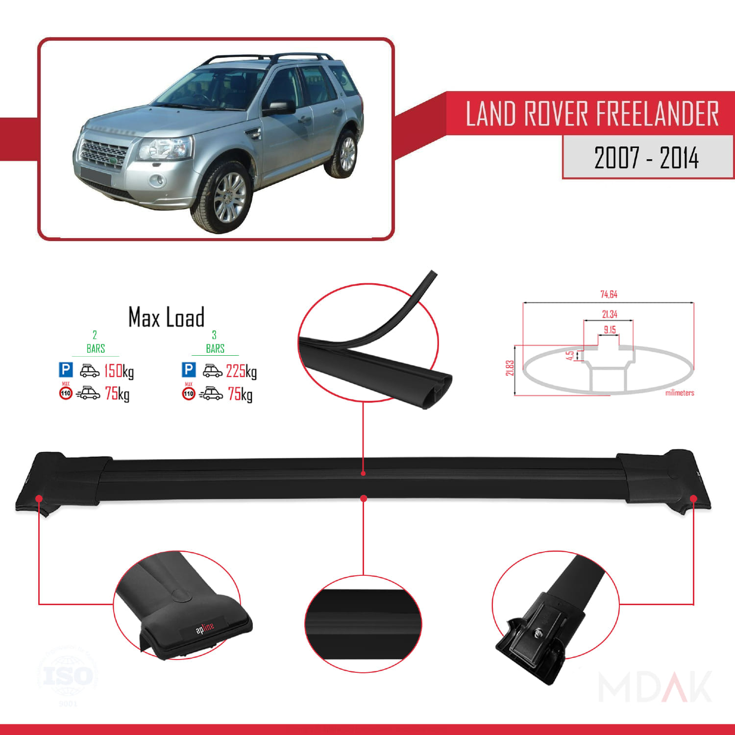 Land Rover Freelander 2 (L359) 2007-2015 Arası ile Uyumlu FLY Model Ara Atkı Tavan Barı Siyah 2 Adet - Görsel 4