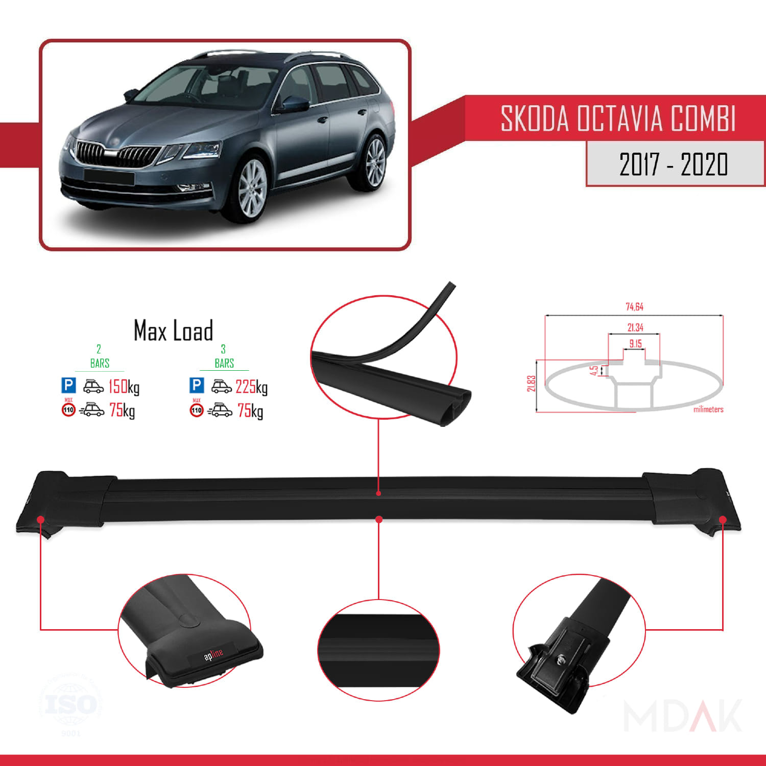 Skoda Octavia 3 (5E) Combi Post-Facelift 2017-2020 Arası ile Uyumlu FLY Model Ara Atkı Tavan Barı Siyah 2 Adet - Görsel 4