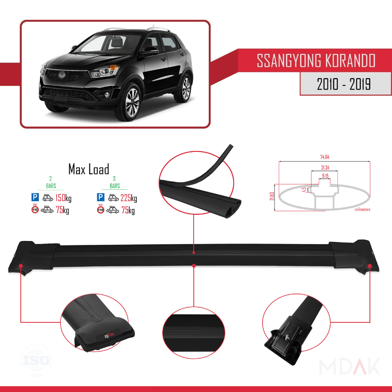 Ssangyong Korando 3 (C200) 2010-2019 Arası ile Uyumlu FLY Model Ara Atkı Tavan Barı Siyah 2 Adet - Görsel 4