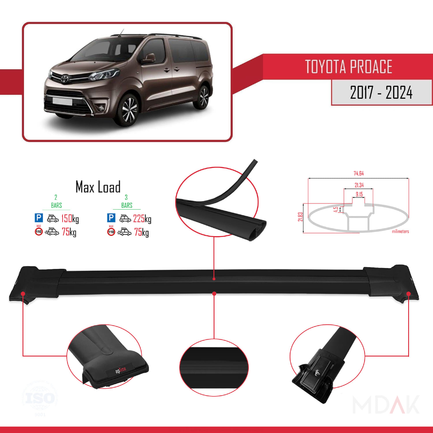 Toyota Proace 2017 ve Sonrası ile Uyumlu FLY Model Ara Atkı Tavan Barı Siyah 2 Adet - Görsel 4