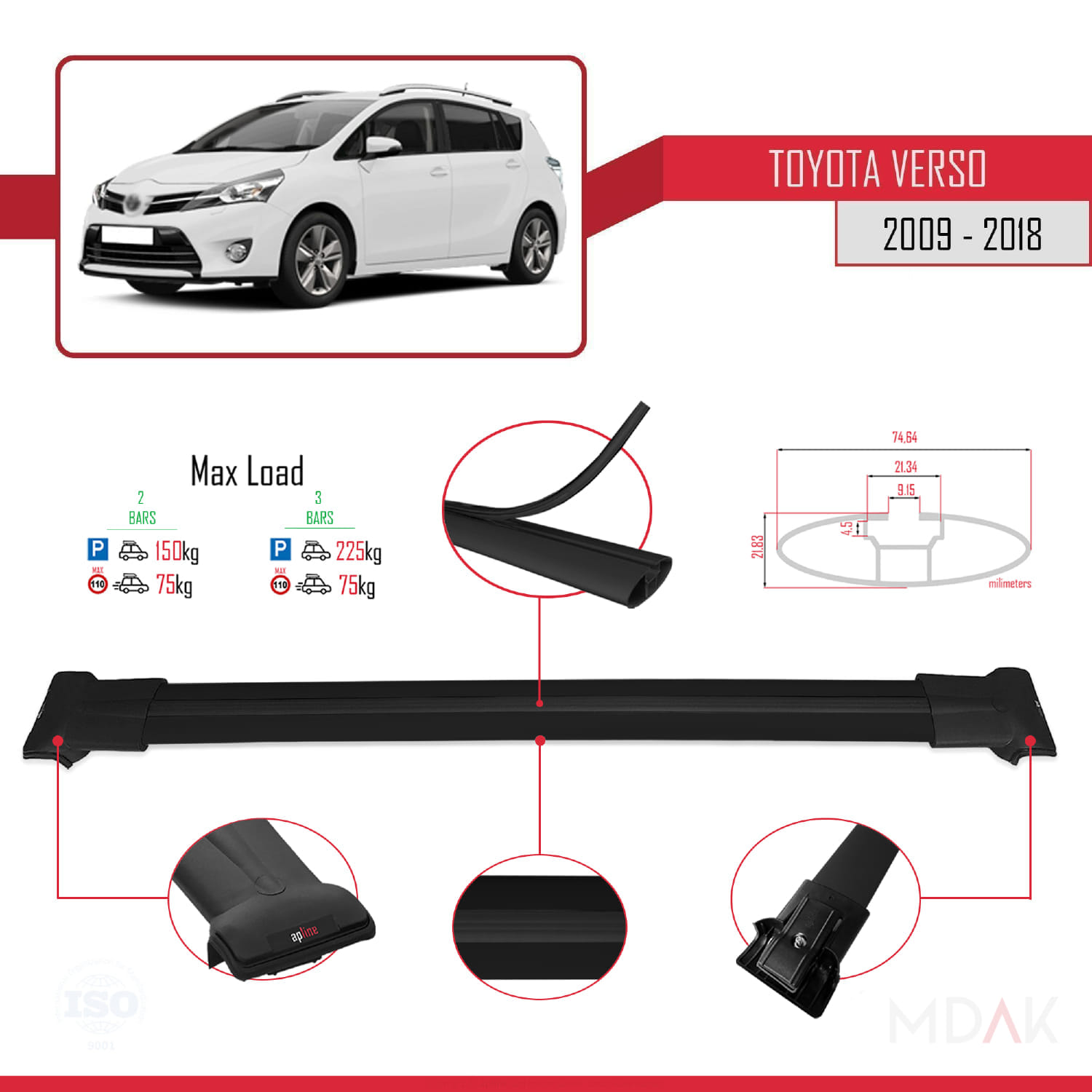 Toyota Verso (AR20) 2009-2018 Arası ile Uyumlu FLY Model Ara Atkı Tavan Barı Siyah 2 Adet - Görsel 4