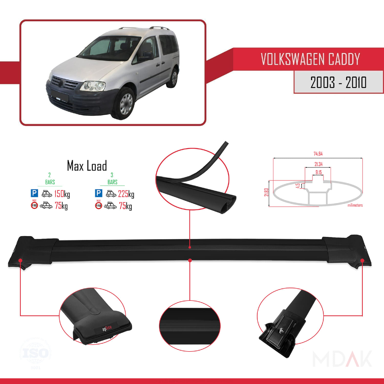 Volkswagen Caddy 3 (2K) 2003-2010 Arası ile Uyumlu FLY Model Ara Atkı Tavan Barı Siyah 2 Adet - Görsel 4