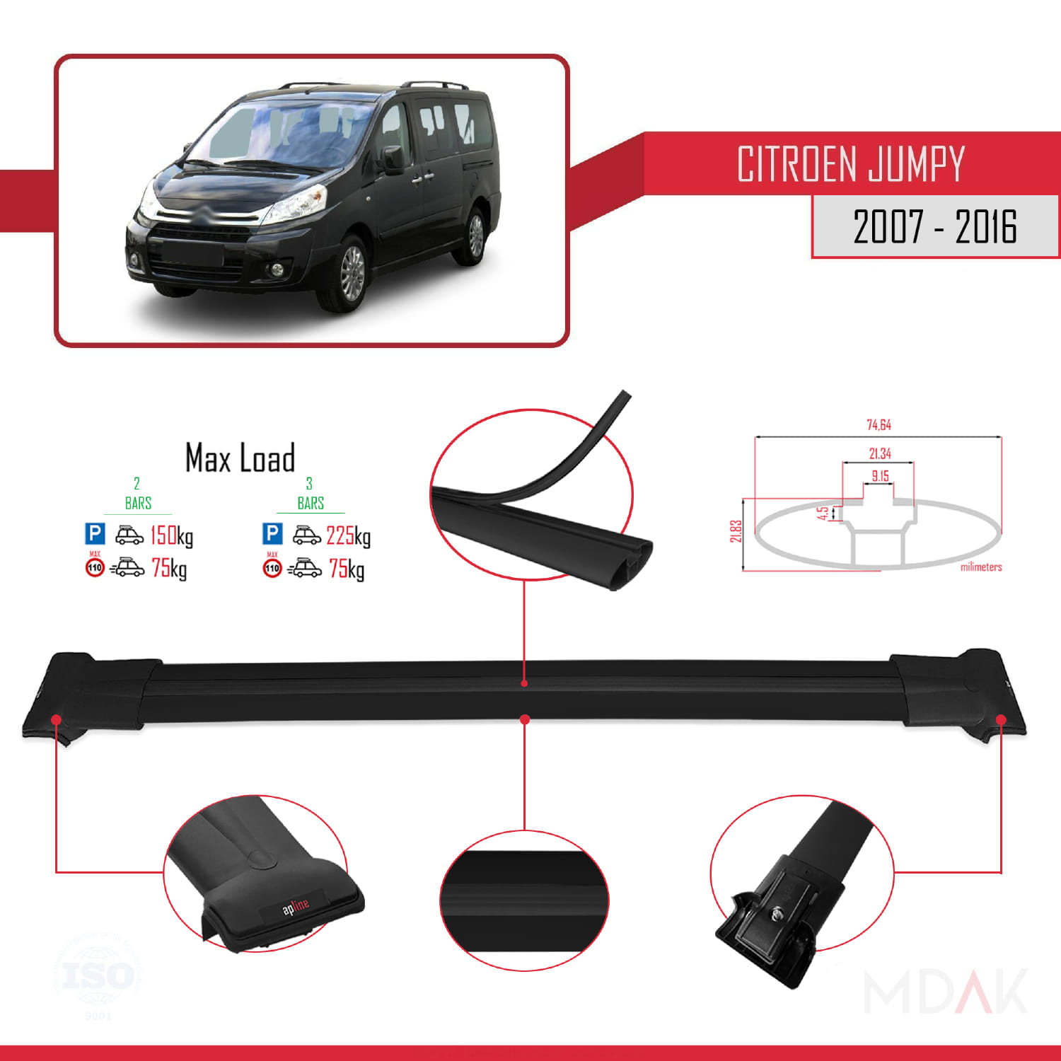 Citroen Jumpy 2 (G9) 2007-2016 Arası ile Uyumlu FLY Model Ara Atkı Tavan Barı Siyah 2 Adet - Görsel 4