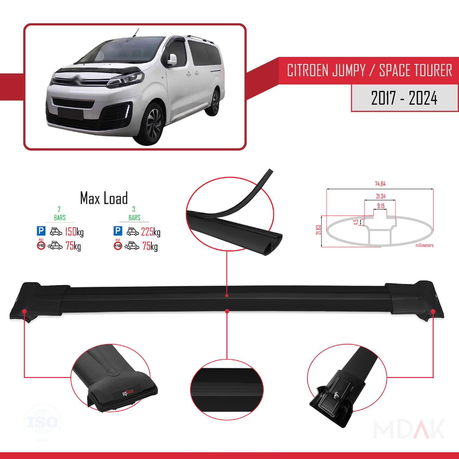 Citroen Jumpy 3 (K0) Space Tourer 2017 ve Sonrası ile Uyumlu FLY Model Ara Atkı Tavan Barı Siyah 2 Adet - Görsel 4