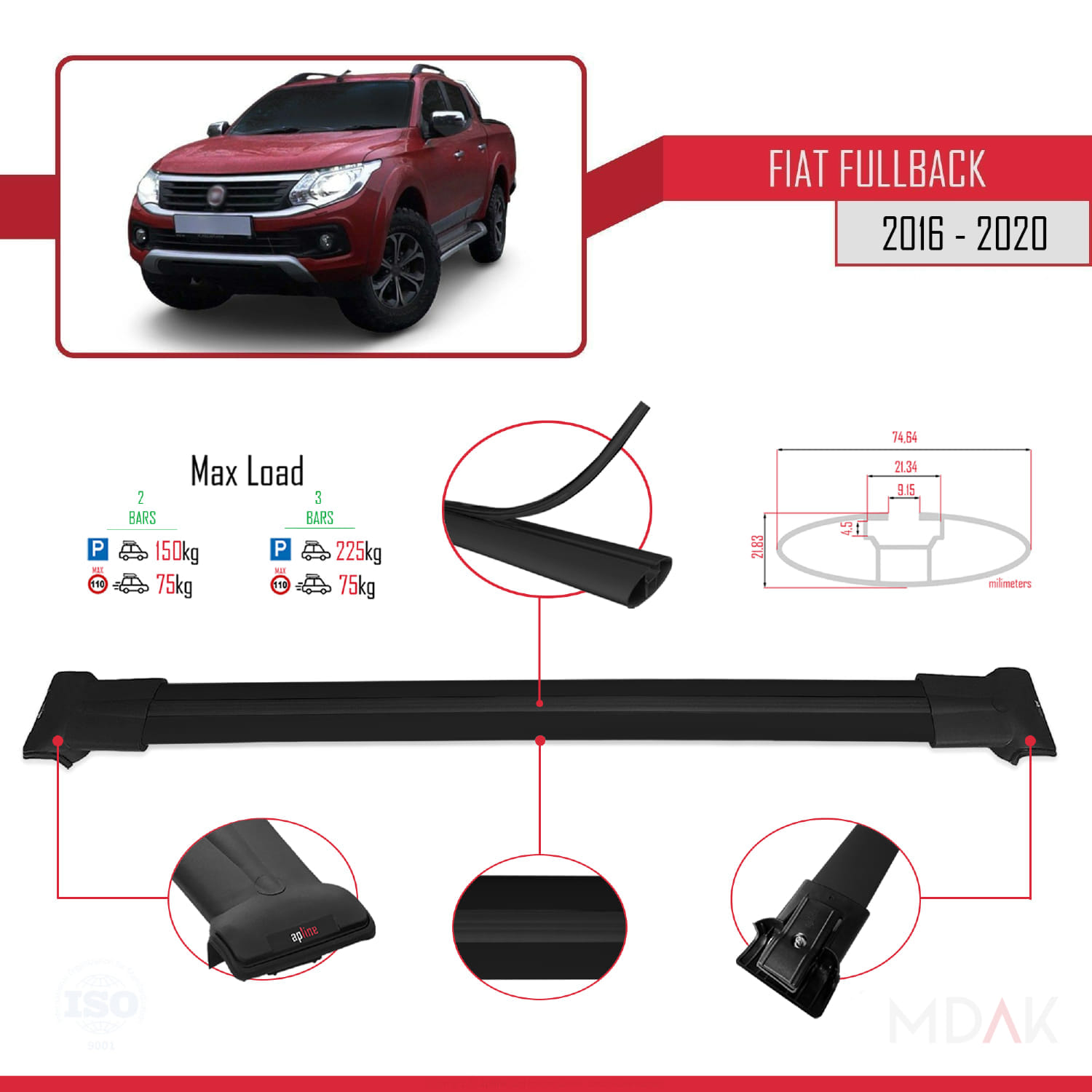 Fiat Fullback 2016-2020 Arası ile Uyumlu FLY Model Ara Atkı Tavan Barı Siyah 2 Adet - Görsel 4