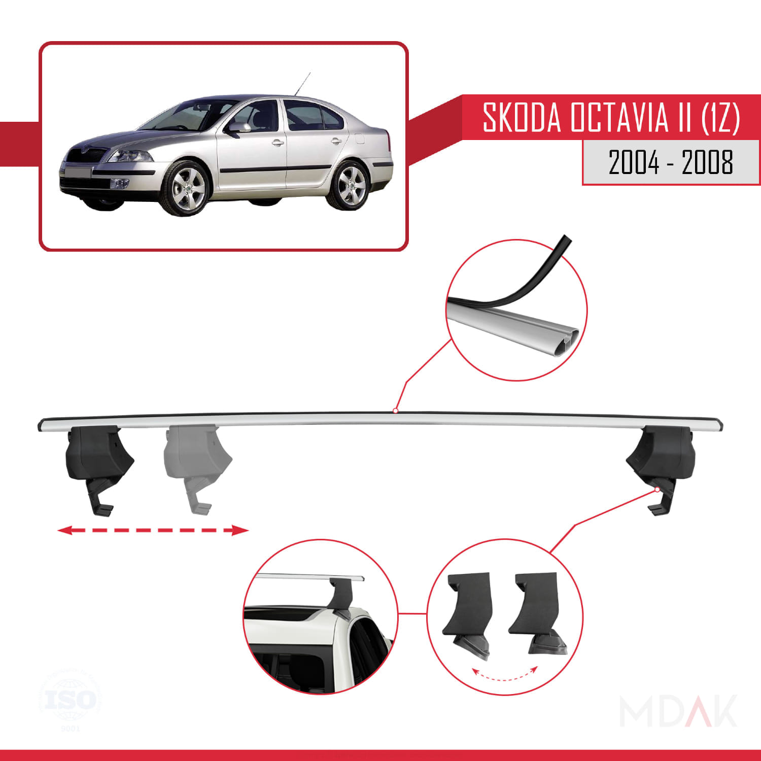 Skoda Octavia 2 (1Z) Pre-Facelift 2004-2008 Arası ile Uyumlu ACE-4 Ara Atkı Tavan Barı Gri 2 Adet - Görsel 3