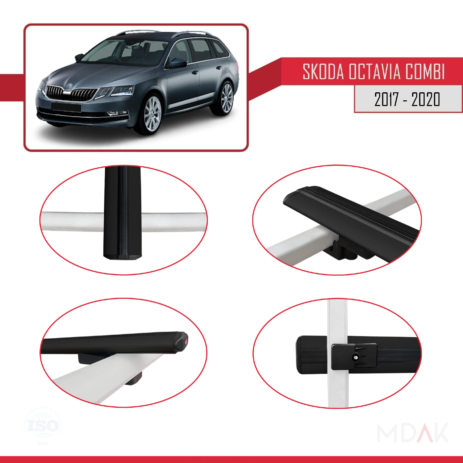 Skoda Octavia 3 (5E) Combi Post-Facelift 2017-2020 Arası ile Uyumlu BASIC Model Ara Atkı Tavan Barı Siyah 3 Adet - Görsel 4