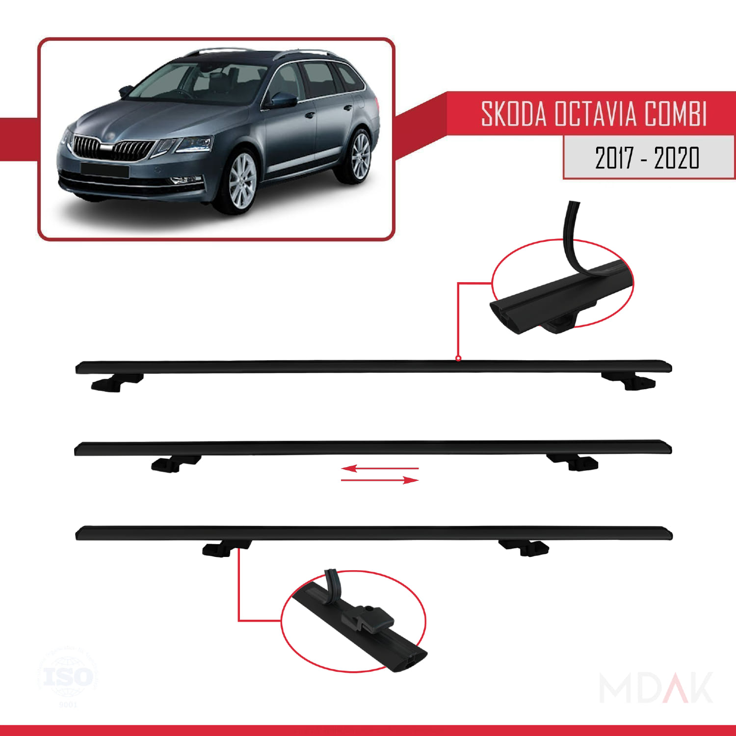 Skoda Octavia 3 (5E) Combi Post-Facelift 2017-2020 Arası ile Uyumlu BASIC Model Ara Atkı Tavan Barı Siyah 3 Adet - Görsel 5