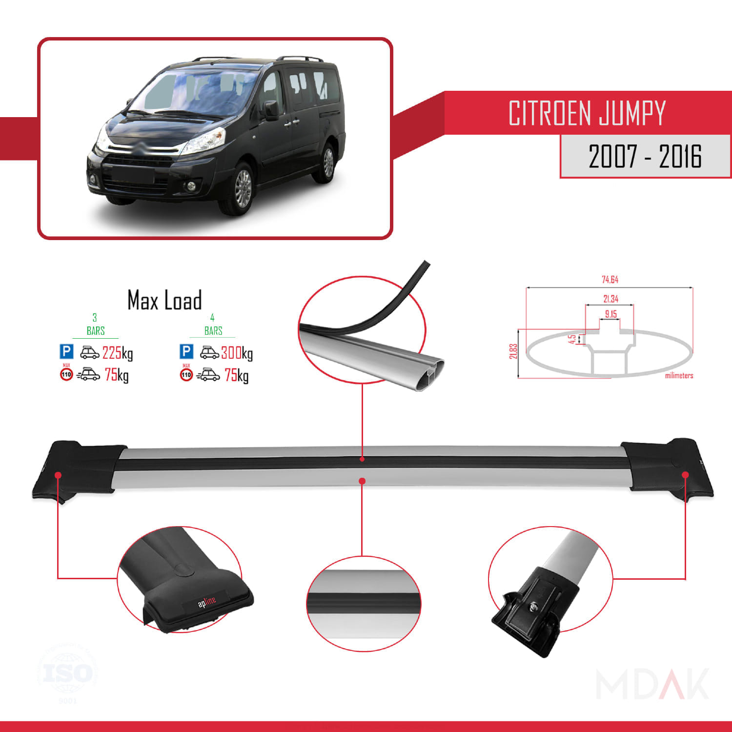 Citroen Jumpy 2 (G9) 2007-2016 Arası ile Uyumlu FLY Model Ara Atkı Tavan Barı Gri 3 Adet - Görsel 3