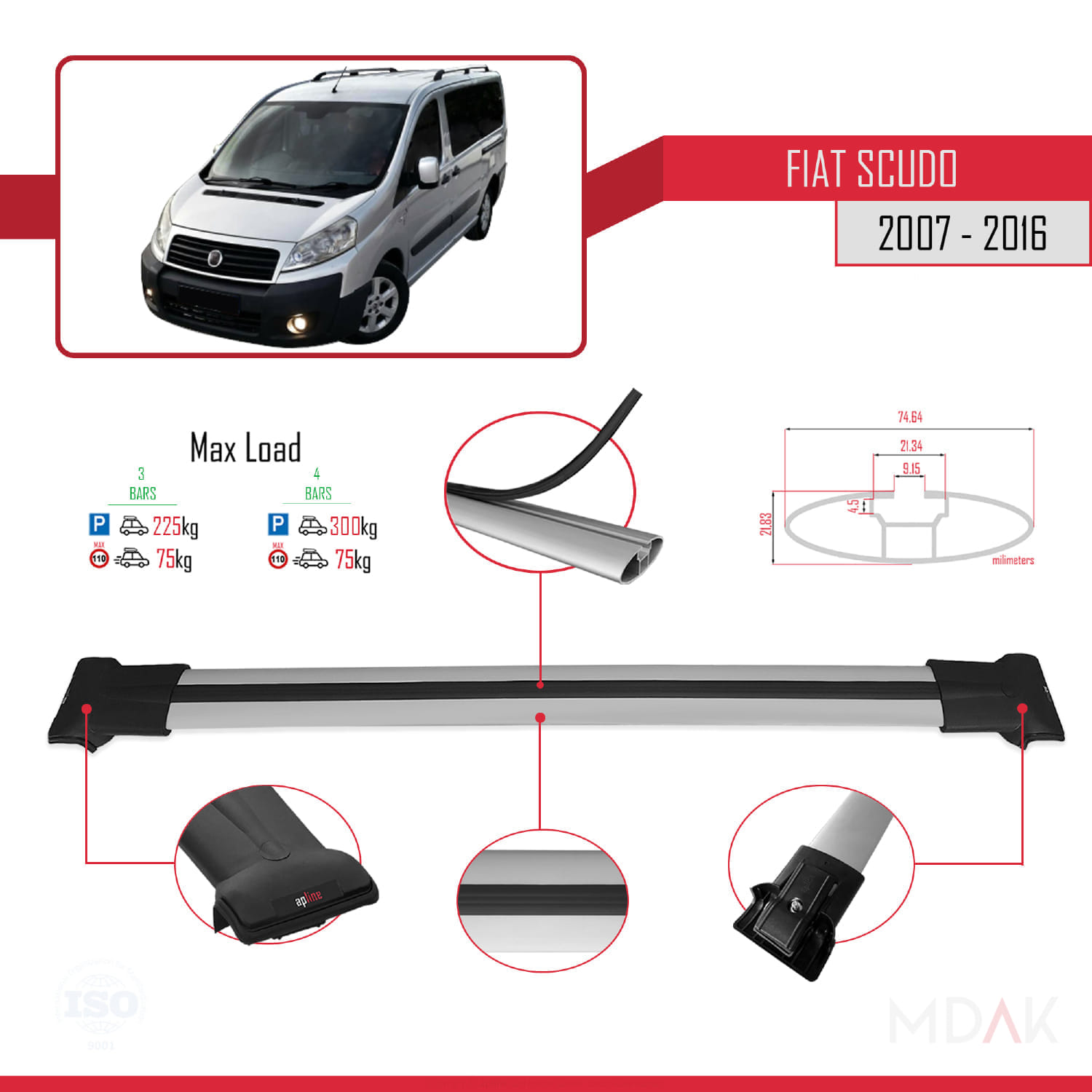 Fiat Scudo 2 2007-2016 Arası ile Uyumlu FLY Model Ara Atkı Tavan Barı Gri 3 Adet - Görsel 3