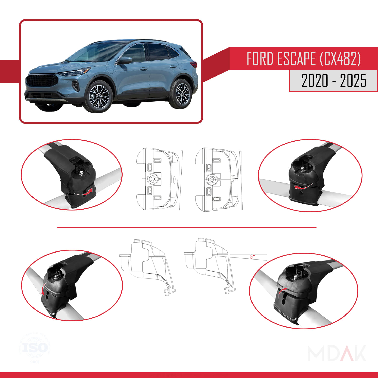 Ford Escape 4 (CX482) 2020 ve Sonrası ile Uyumlu ACE-2 Ara Atkı Tavan Barı Gri 2 Adet - Görsel 5
