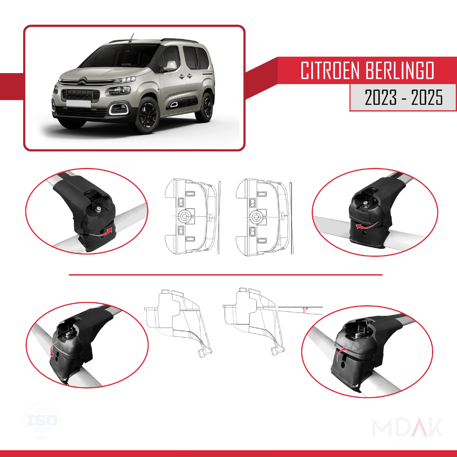 Citroen Berlingo 3 (K9) 2023 ve Sonrası ile Uyumlu ACE-2 Ara Atkı Tavan Barı Gri 2 Adet - Görsel 6