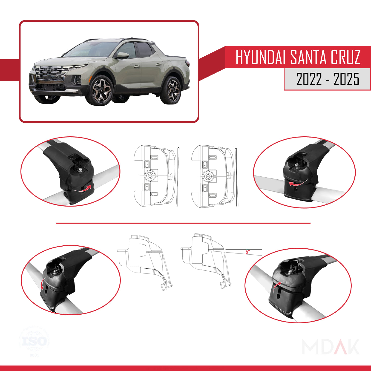 Hyundai Santa Cruz (NX4A OB) 2022 ve Sonrası ile Uyumlu ACE-2 Ara Atkı Tavan Barı Gri 2 Adet - Görsel 5