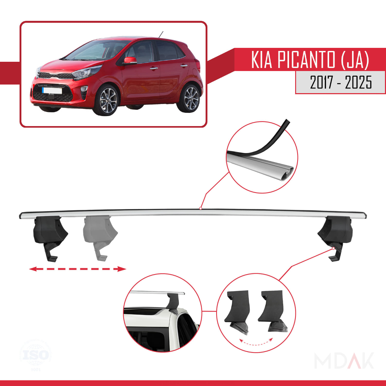 Kia Picanto 3 (JA) 2017 ve Sonrası ile Uyumlu ACE-4 Ara Atkı Tavan Barı Gri 2 Adet - Görsel 3
