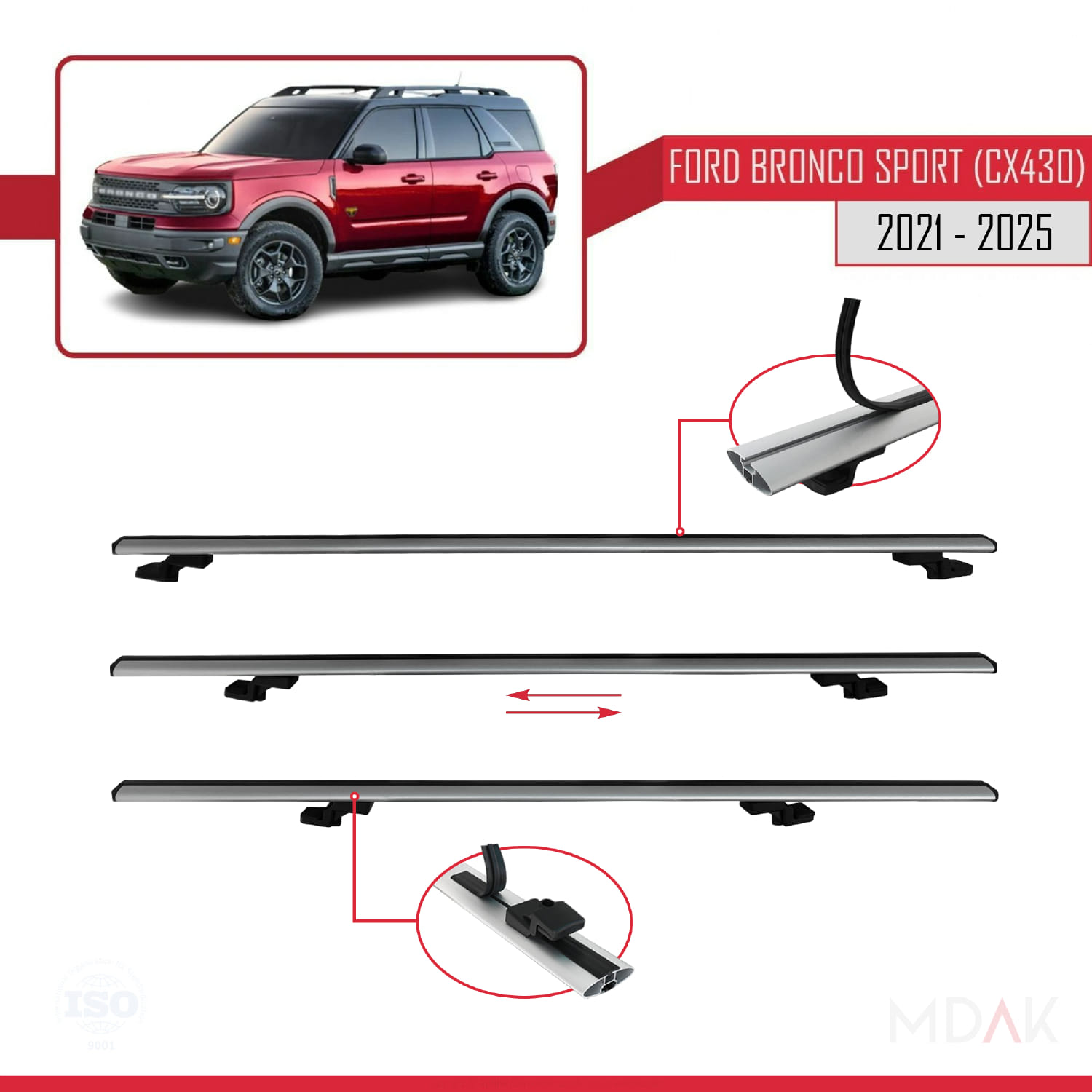 Ford Bronco Sport (CX430) 2021 ve Sonrası ile Uyumlu BASIC Model Ara Atkı Tavan Barı Gri 3 Adet - Görsel 5