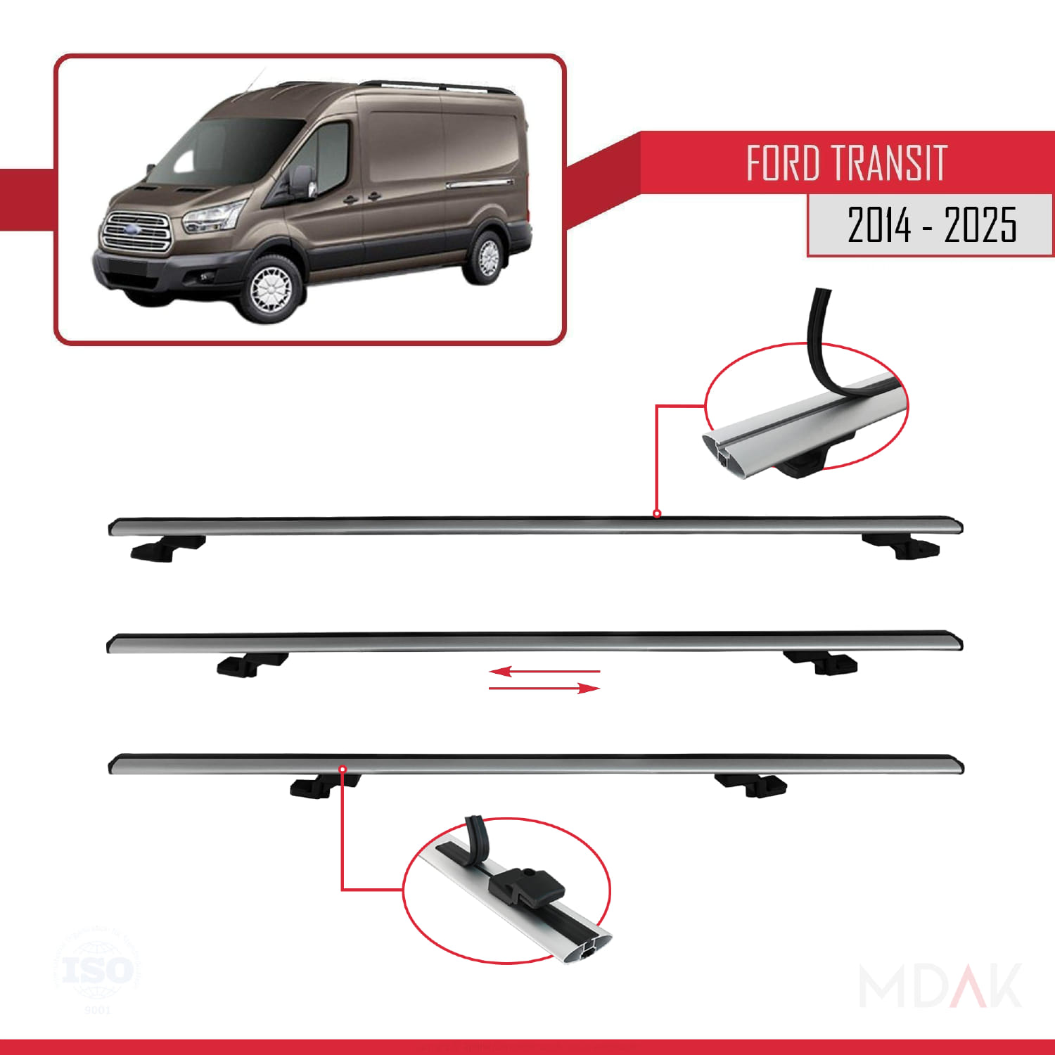 Ford Transit 2014 ve Sonrası ile Uyumlu BASIC Model Ara Atkı Tavan Barı Gri 3 Adet - Görsel 5