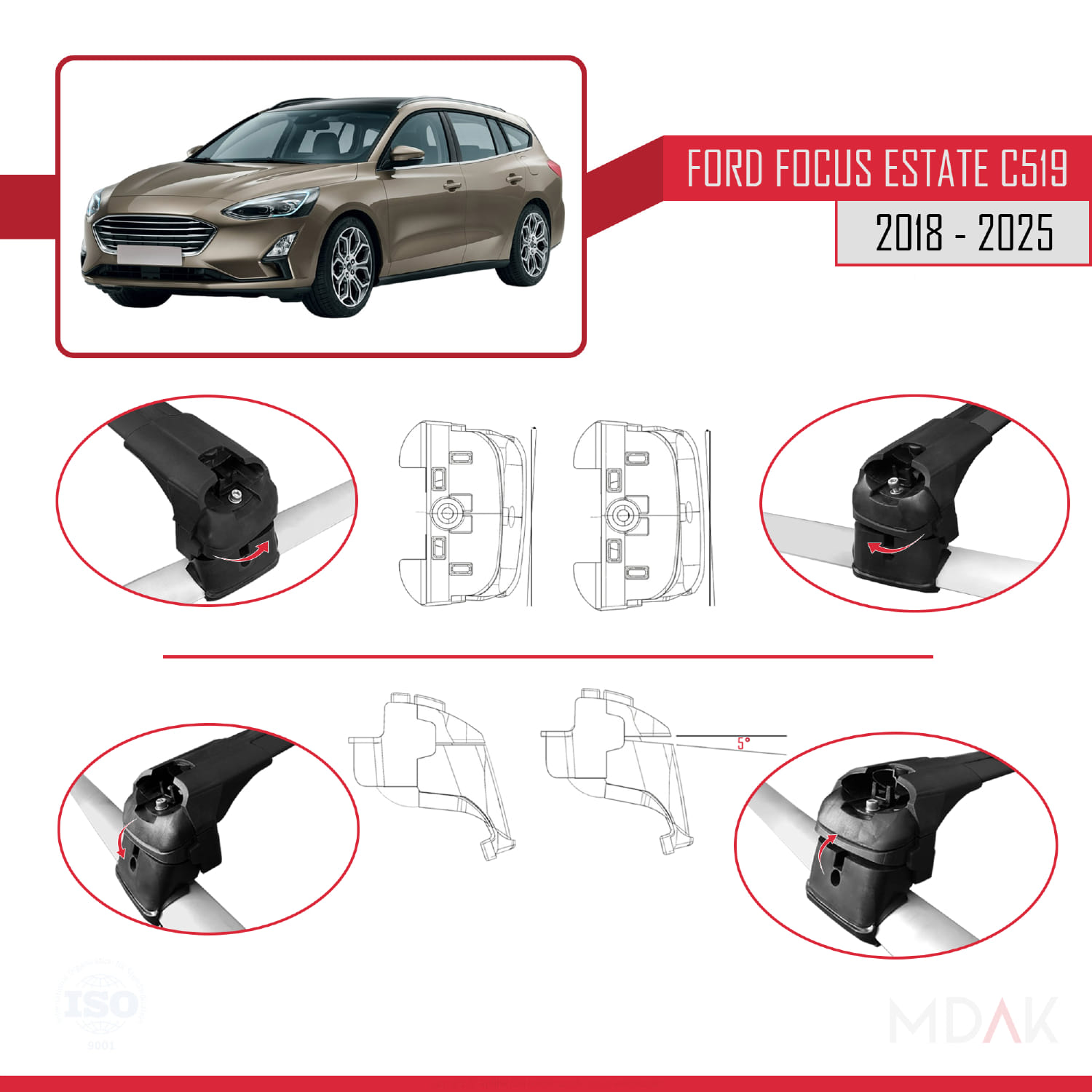 Ford Focus 4 (C519) SW 2019 ve Sonrası ile Uyumlu ACE-2 Ara Atkı Tavan Barı Siyah 2 Adet - Görsel 5