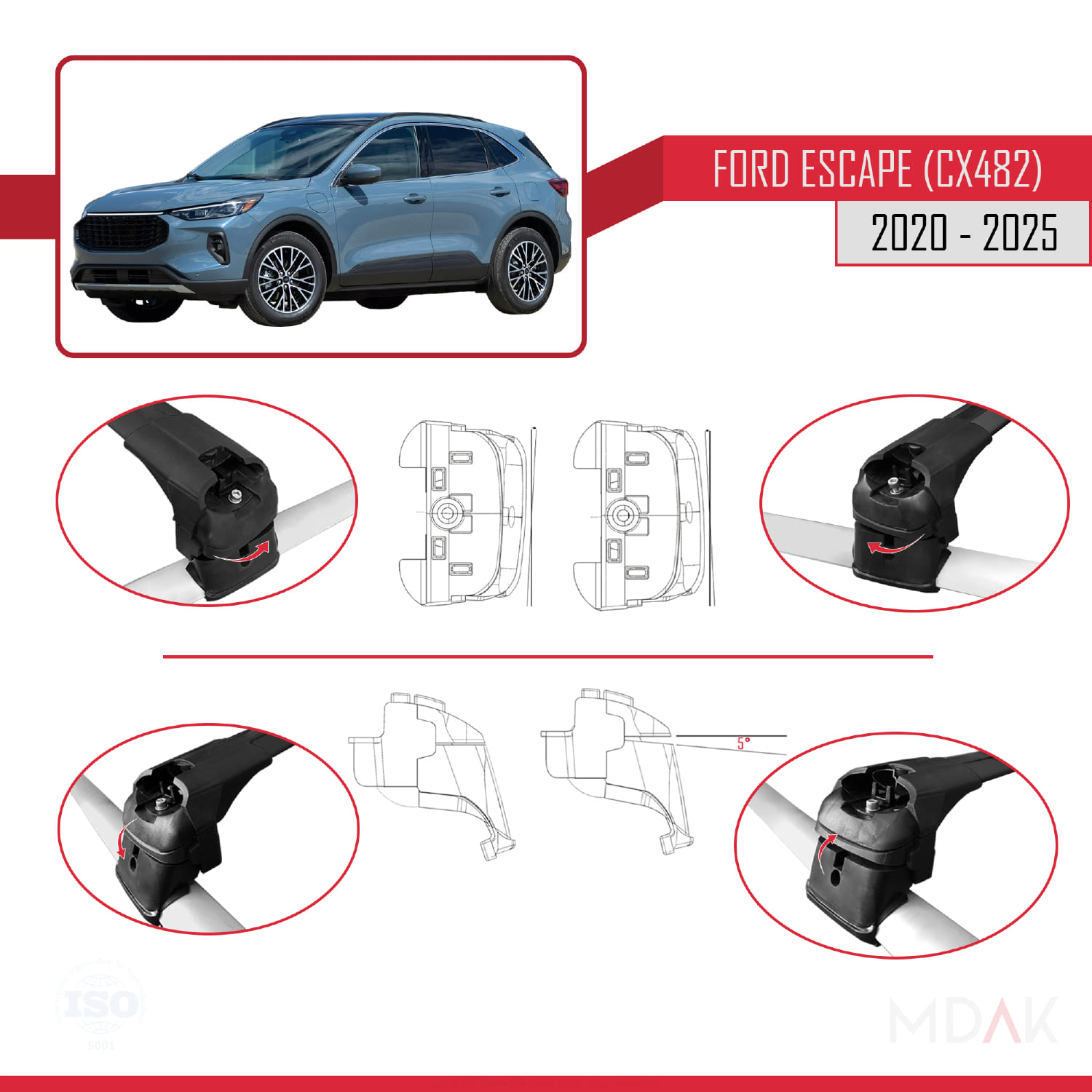 Ford Escape 4 (CX482) 2020 ve Sonrası ile Uyumlu ACE-2 Ara Atkı Tavan Barı Siyah 2 Adet - Görsel 5
