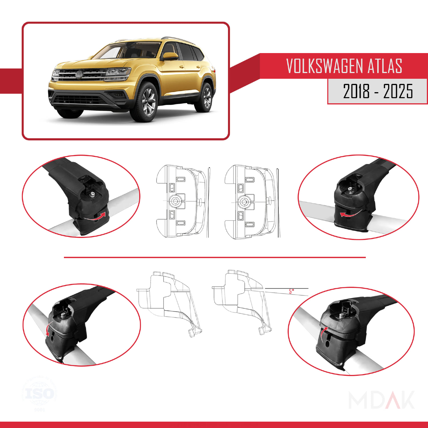Volkswagen Atlas (CA1) 2018 ve Sonrası ile Uyumlu ACE-2 Ara Atkı Tavan Barı Siyah 2 Adet - Görsel 5