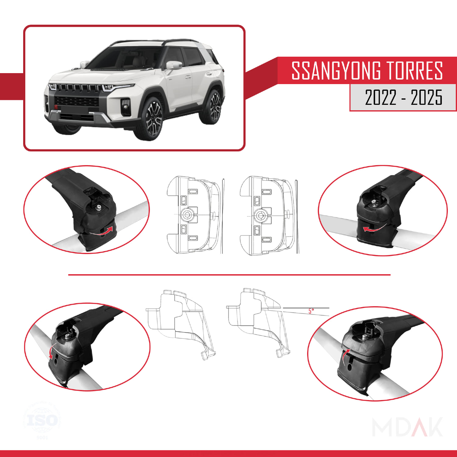 SsangYong Torres 2022 ve Sonrası ile Uyumlu ACE-2 Ara Atkı Tavan Barı Siyah 2 Adet - Görsel 5