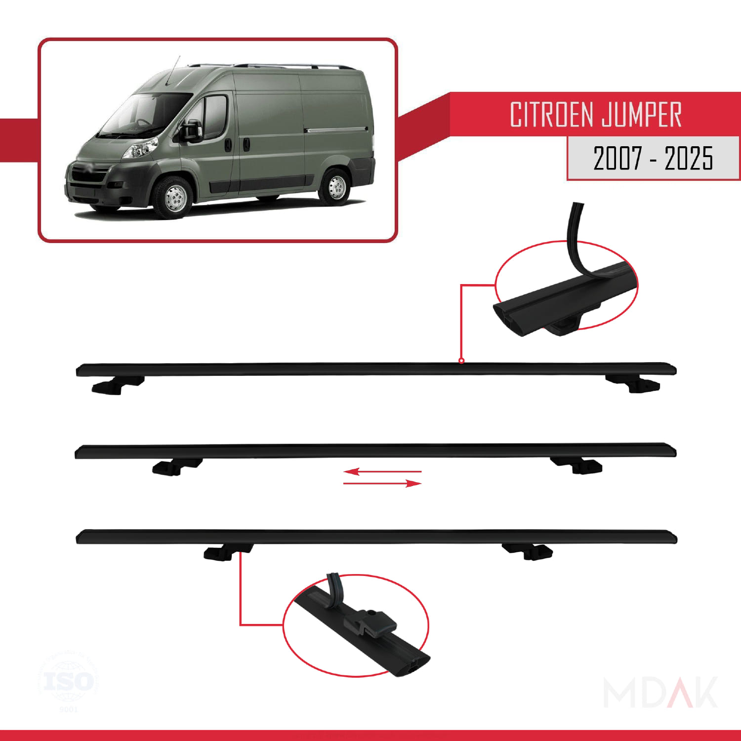 Citroen Jumper 2 2007 ve Sonrası ile Uyumlu BASIC Model Ara Atkı Tavan Barı Siyah 4 Adet - Görsel 5