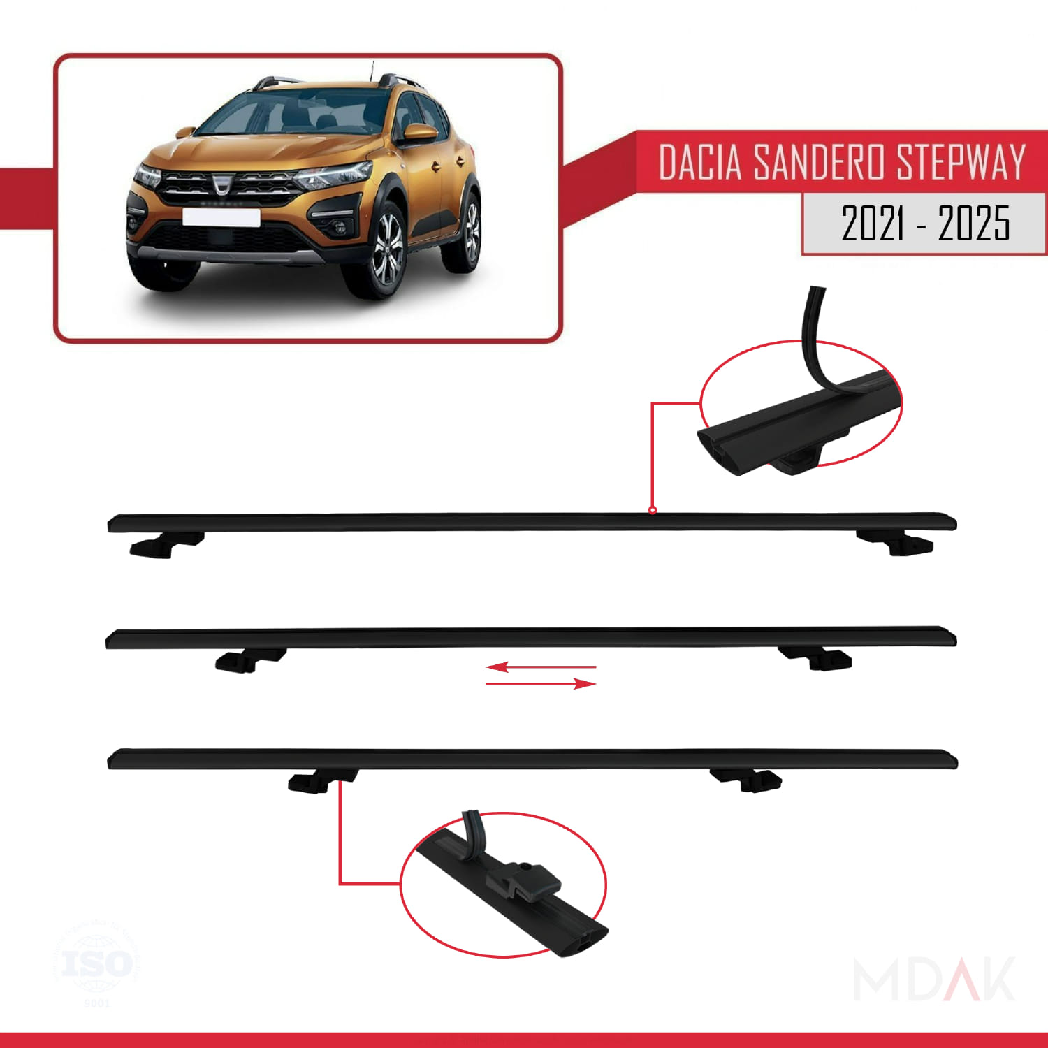 Dacia Sandero Stepway 3 2021 ve Sonrası ile Uyumlu BASIC Model Ara Atkı Tavan Barı Siyah 2 Adet - Görsel 5