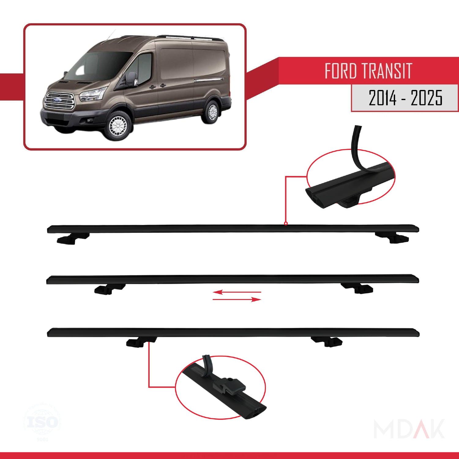 Ford Transit 2014 ve Sonrası ile Uyumlu BASIC Model Ara Atkı Tavan Barı Siyah 4 Adet - Görsel 5