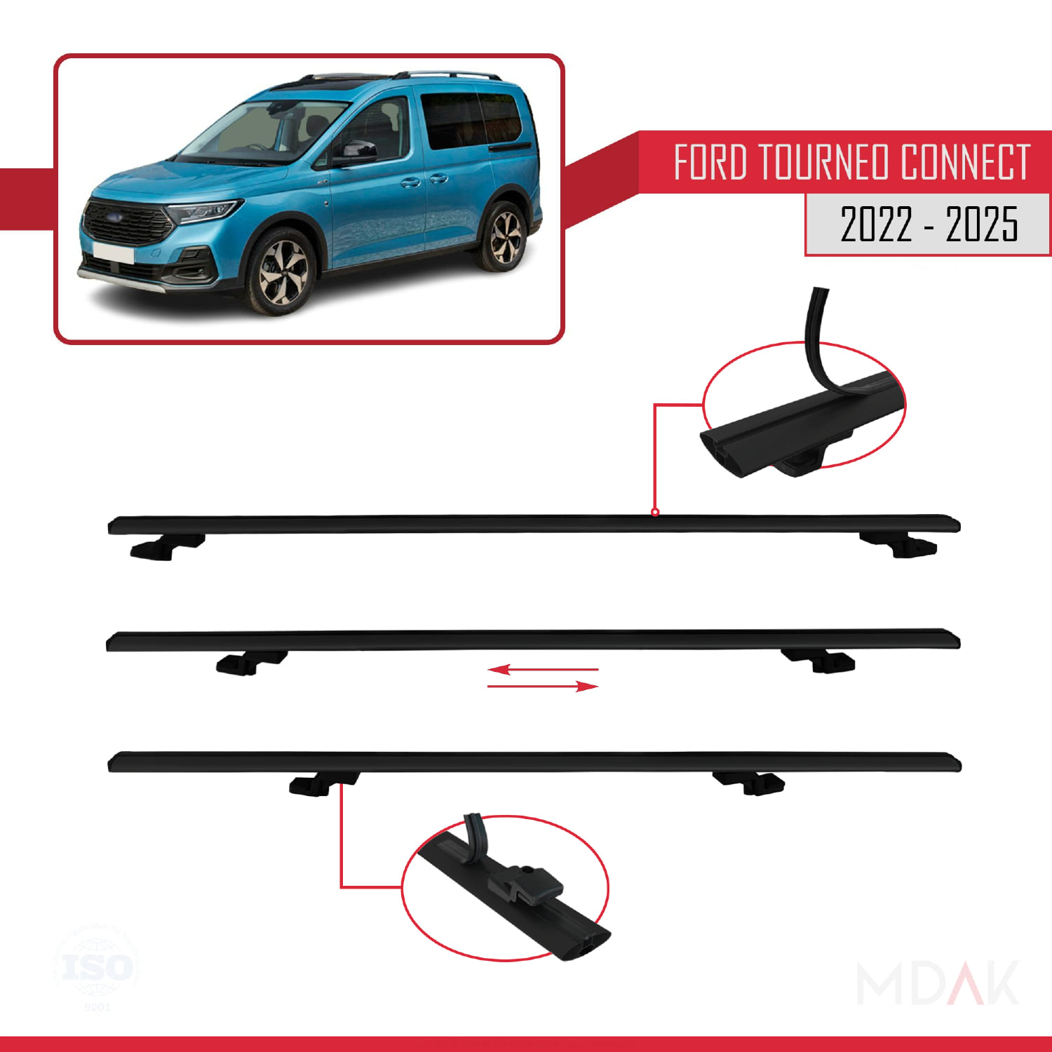 Ford Transit/Tourneo Connect 3 2022 ve Sonrası ile Uyumlu BASIC Model Ara Atkı Tavan Barı Siyah 2 Adet - Görsel 5