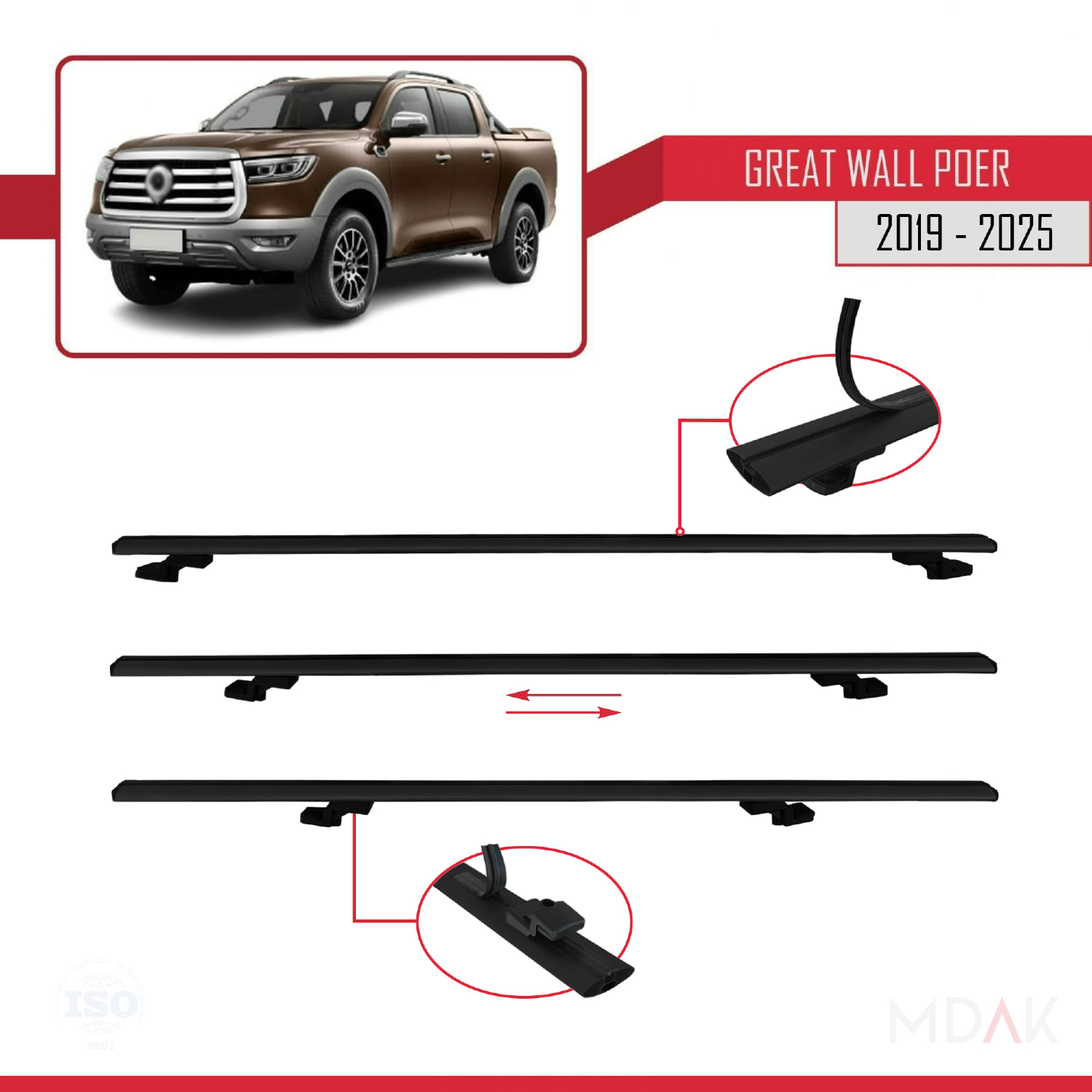 Great Wall Poer 2019 ve Sonrası ile Uyumlu BASIC Model Ara Atkı Tavan Barı Siyah 2 Adet - Görsel 5