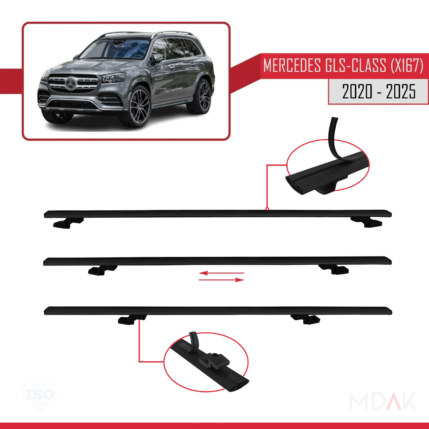 Mercedes GLS Class (X167) 2020 ve Sonrası ile Uyumlu BASIC Model Ara Atkı Tavan Barı Siyah 3 Adet - Görsel 5