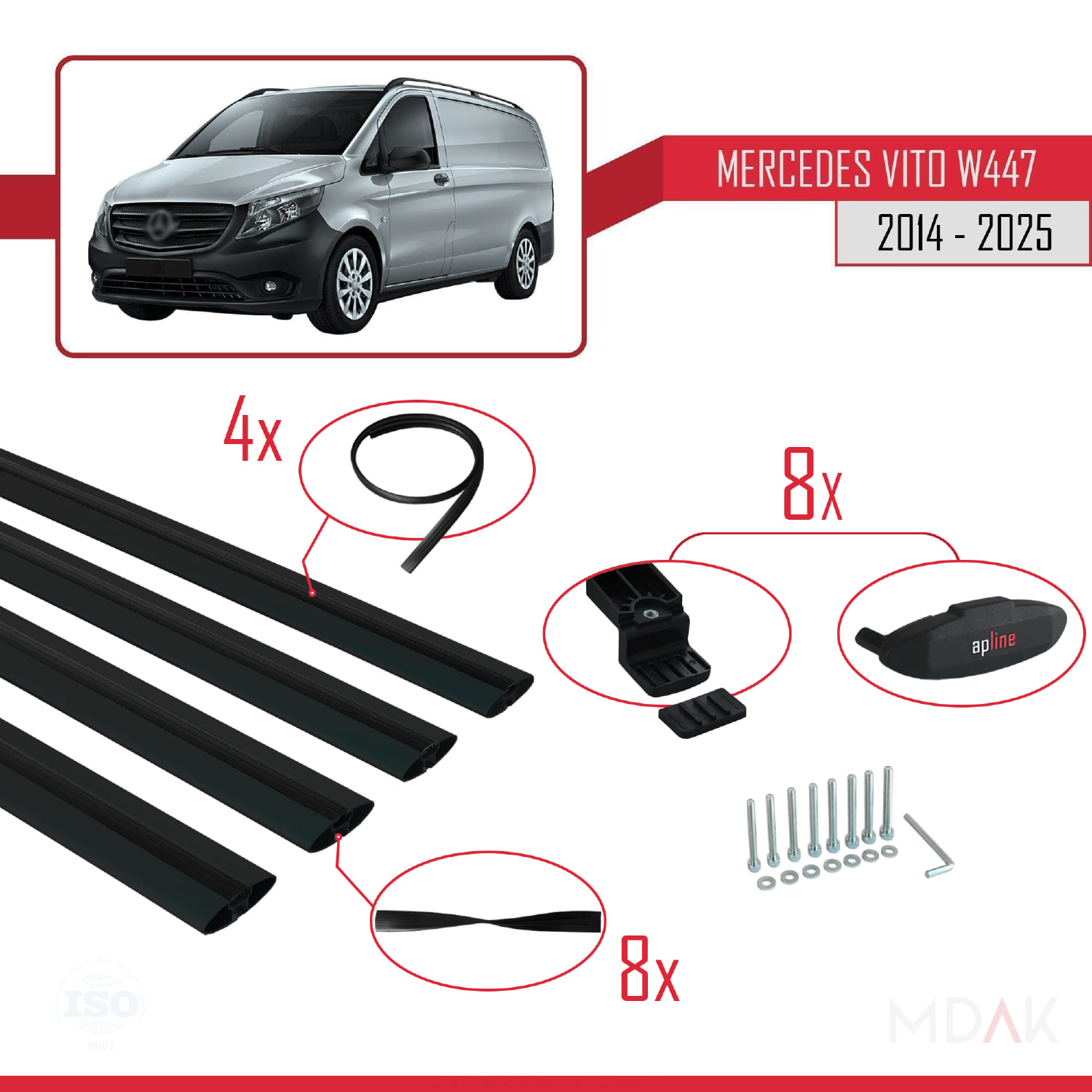 Mercedes Vito 3 (W447) 2014 ve Sonrası ile Uyumlu BASIC Model Ara Atkı Tavan Barı Siyah 4 Adet - Görsel 6