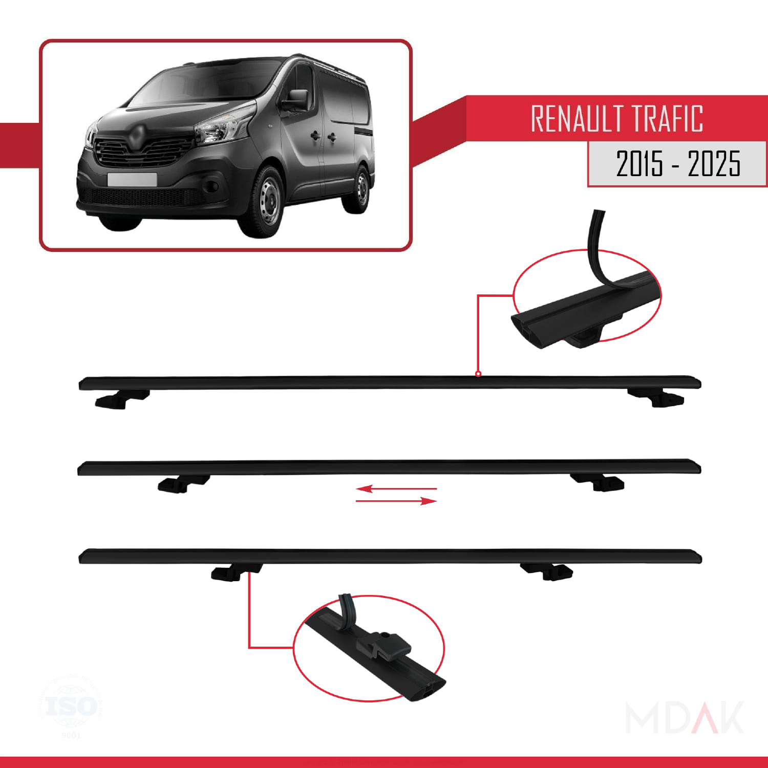 Renault Trafic 3 (X82) 2015 ve Sonrası ile Uyumlu BASIC Model Ara Atkı Tavan Barı Siyah 4 Adet - Görsel 5