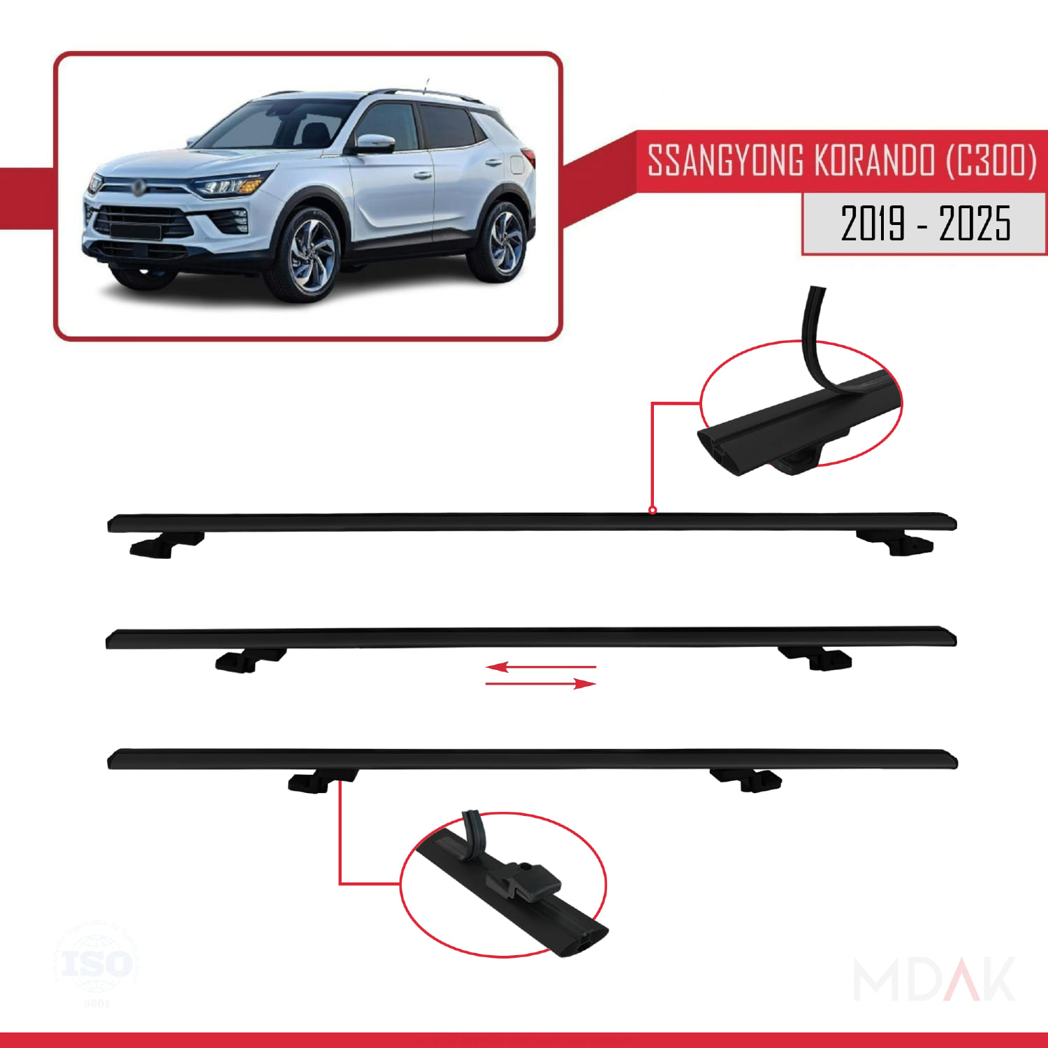 Ssangyong Korando 4 (C300) 2019 ve Sonrası ile Uyumlu BASIC Model Ara Atkı Tavan Barı Siyah 2 Adet - Görsel 5