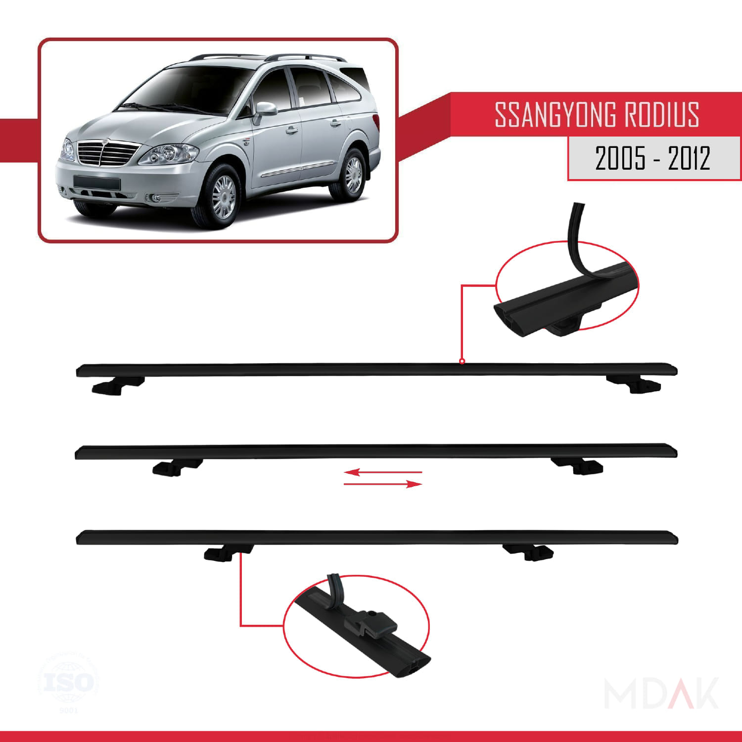 Ssangyong Rodius 2005-2012 Arası ile Uyumlu BASIC Model Ara Atkı Tavan Barı Siyah 3 Adet - Görsel 5