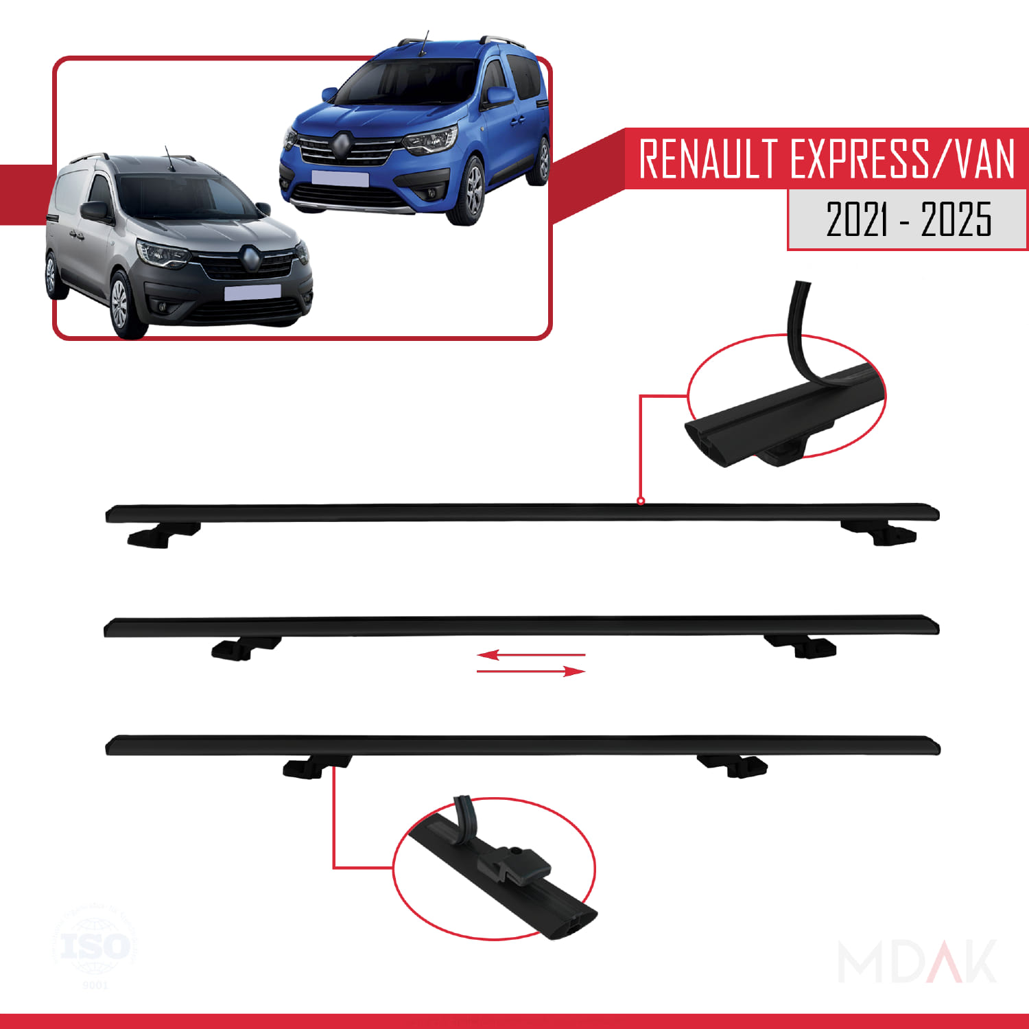 Renault Express 2021 ve Sonrası ile Uyumlu BASIC Model Ara Atkı Tavan Barı Siyah 3 Adet - Görsel 5