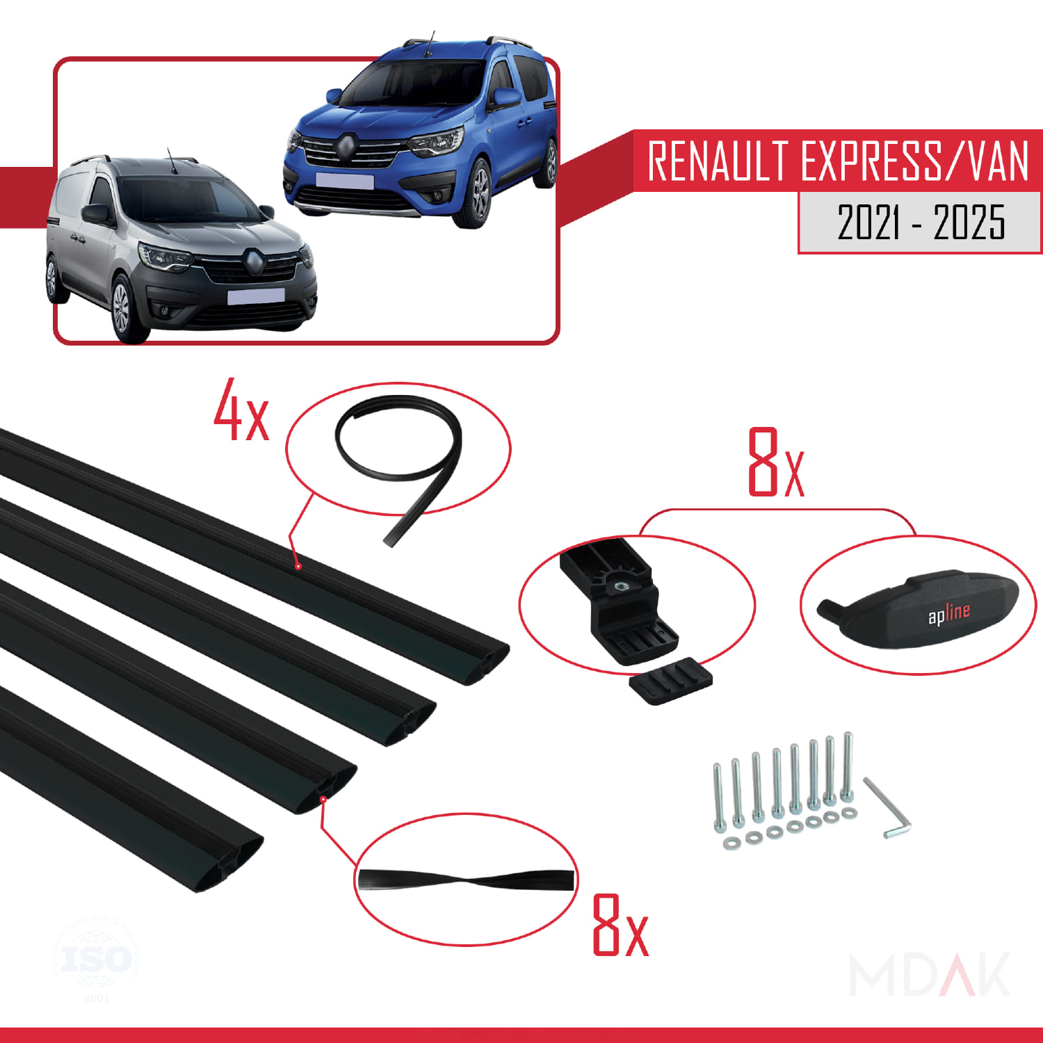 Renault Express 2021 ve Sonrası ile Uyumlu BASIC Model Ara Atkı Tavan Barı Siyah 4 Adet - Görsel 6