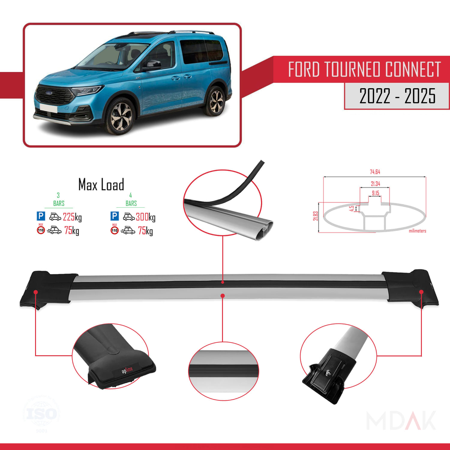 Ford Transit/Tourneo Connect 3 2022 ve Sonrası ile Uyumlu FLY Model Ara Atkı Tavan Barı Gri 3 Adet - Görsel 3